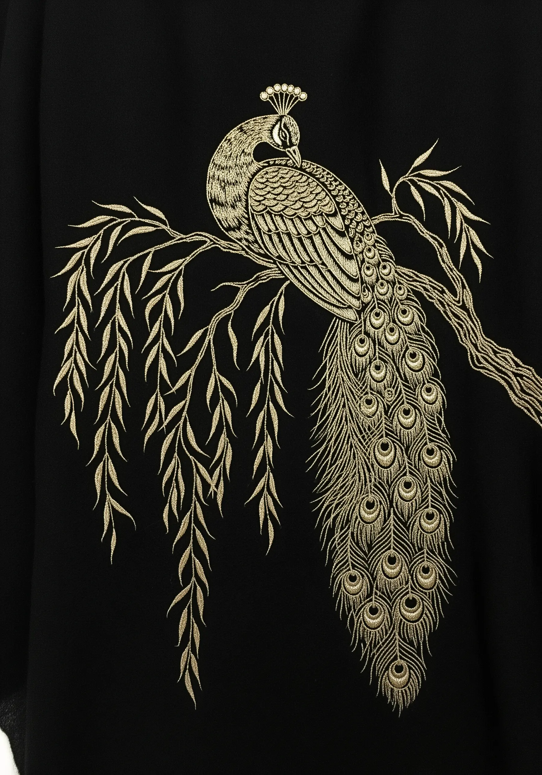 A monochrome peacock embroidered entirely in gold thread on a black garment.