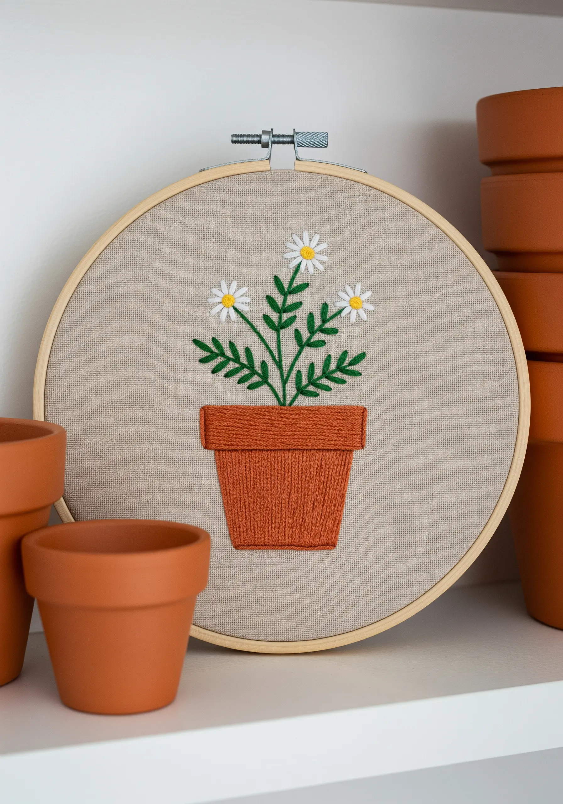 Embroidery of three daisies in a terracotta pot on neutral-colored fabric.