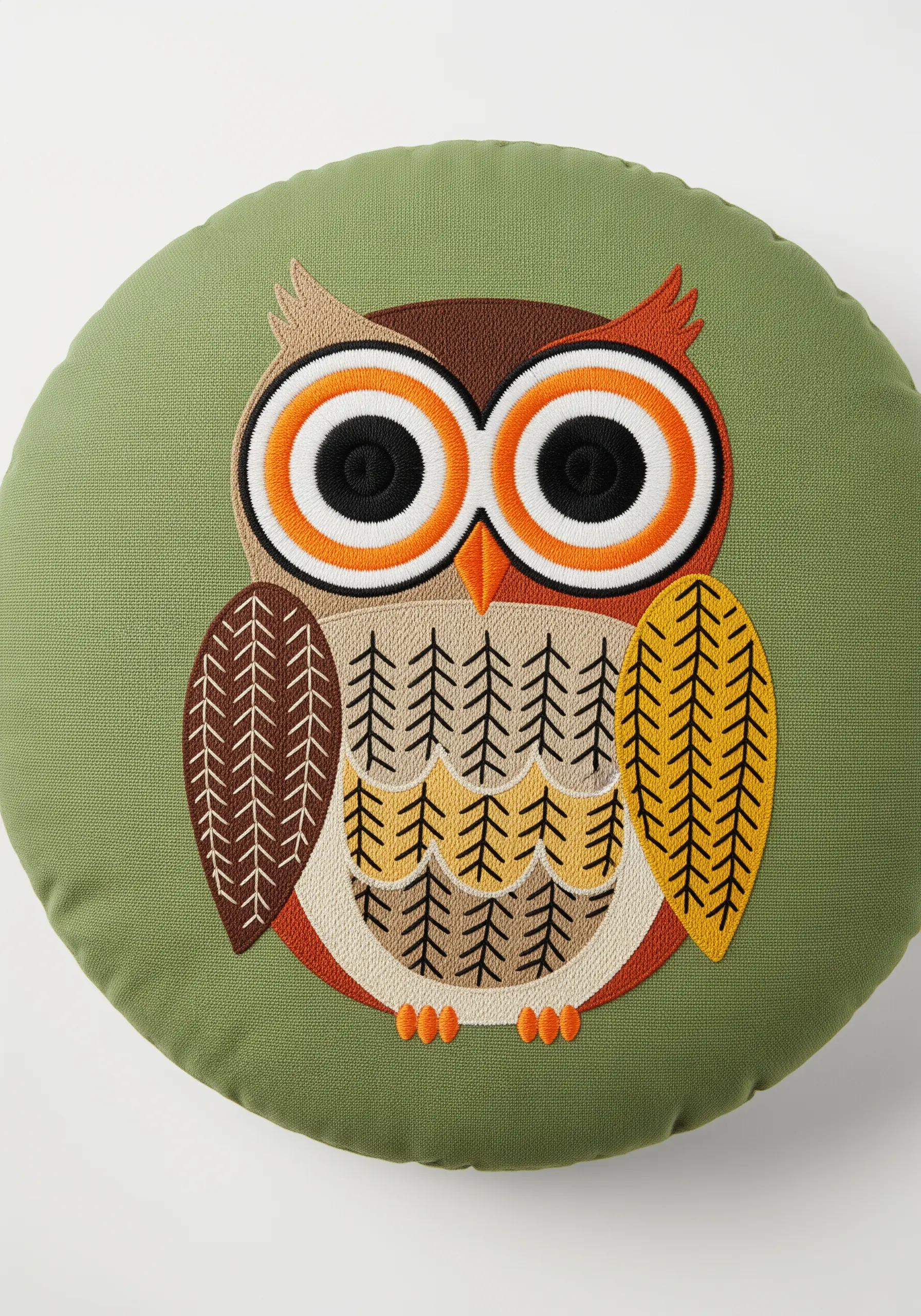 A stylized embroidered owl with patterns created by directional satin stitches.
