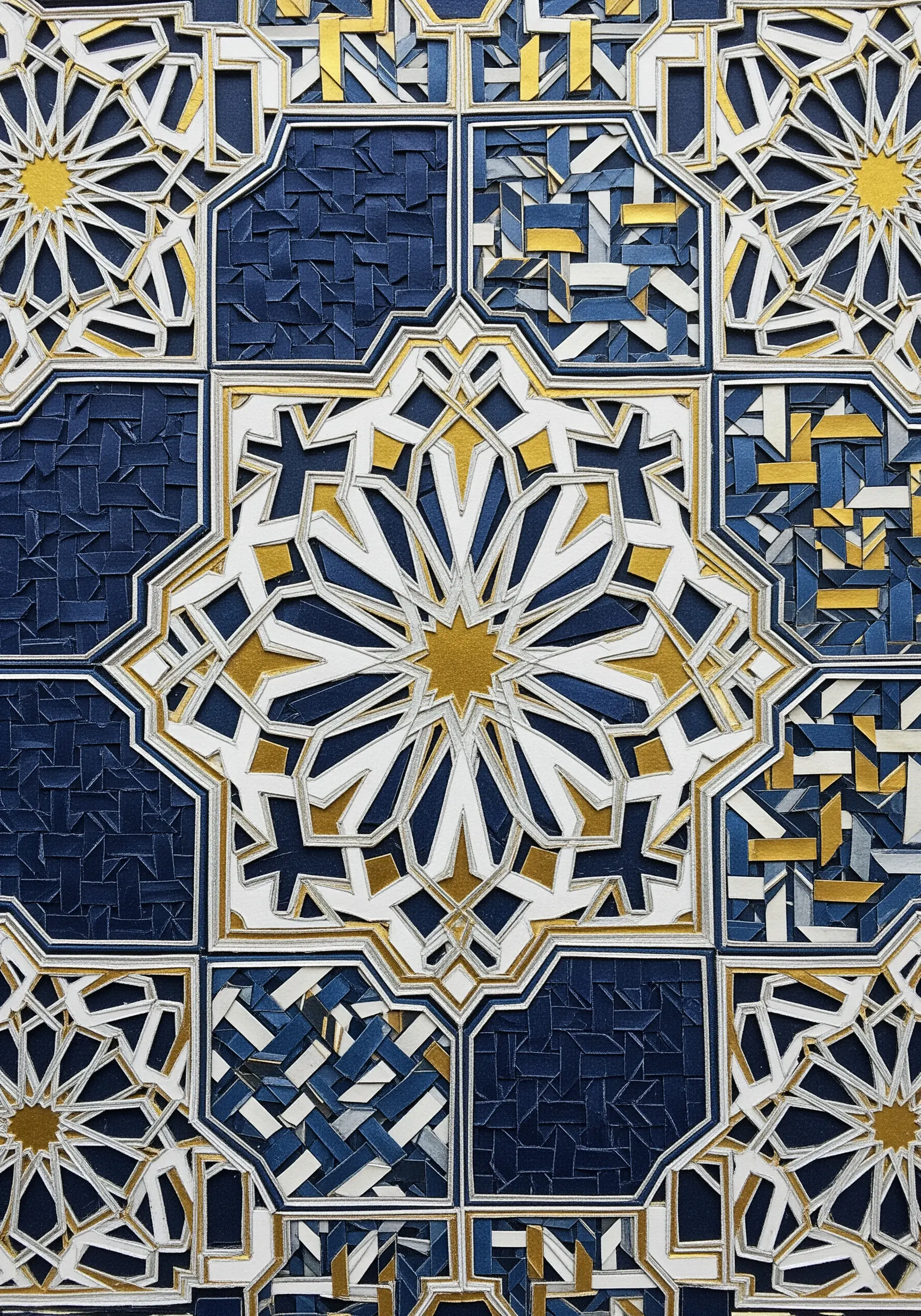 An intricate blue, white, and gold geometric tile pattern made from paper mosaic.