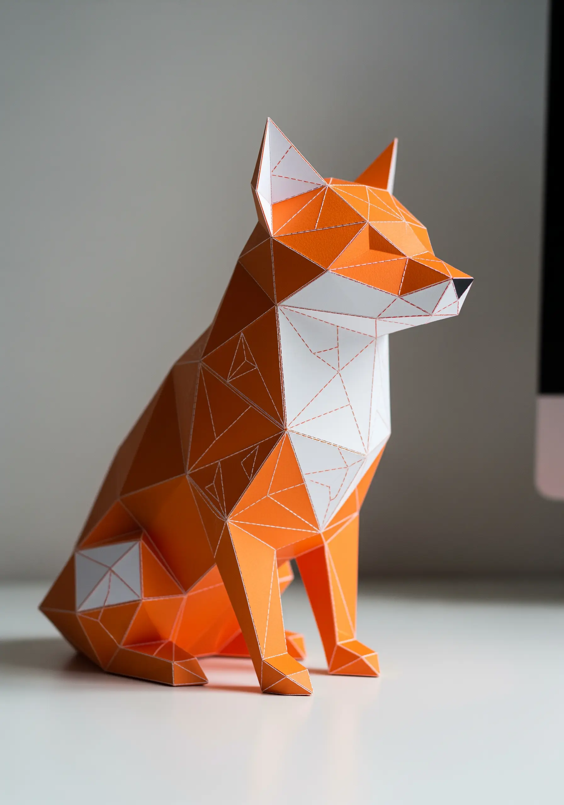 A low-poly paper fox sculpture in orange and white, with visible white stitching along the folds.
