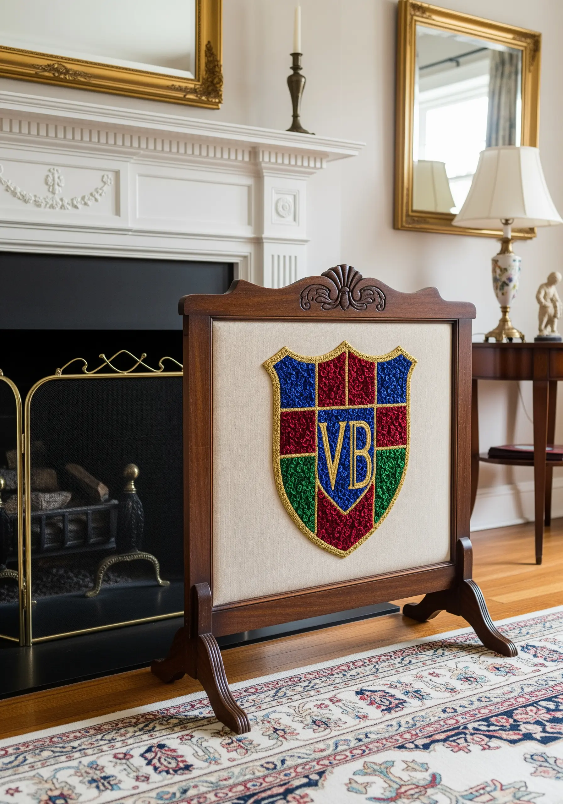 A colorful family crest with geometric sections embroidered on a fireplace screen.