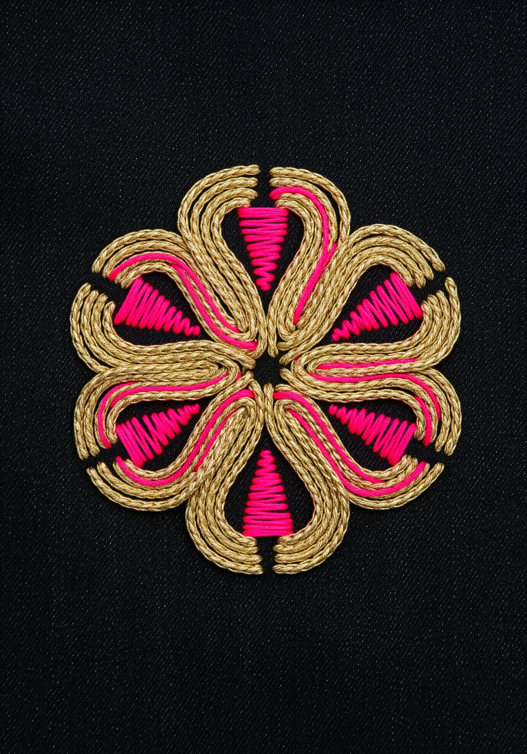 A couched mandala using gold cord tacked down with bright pink thread on black fabric.