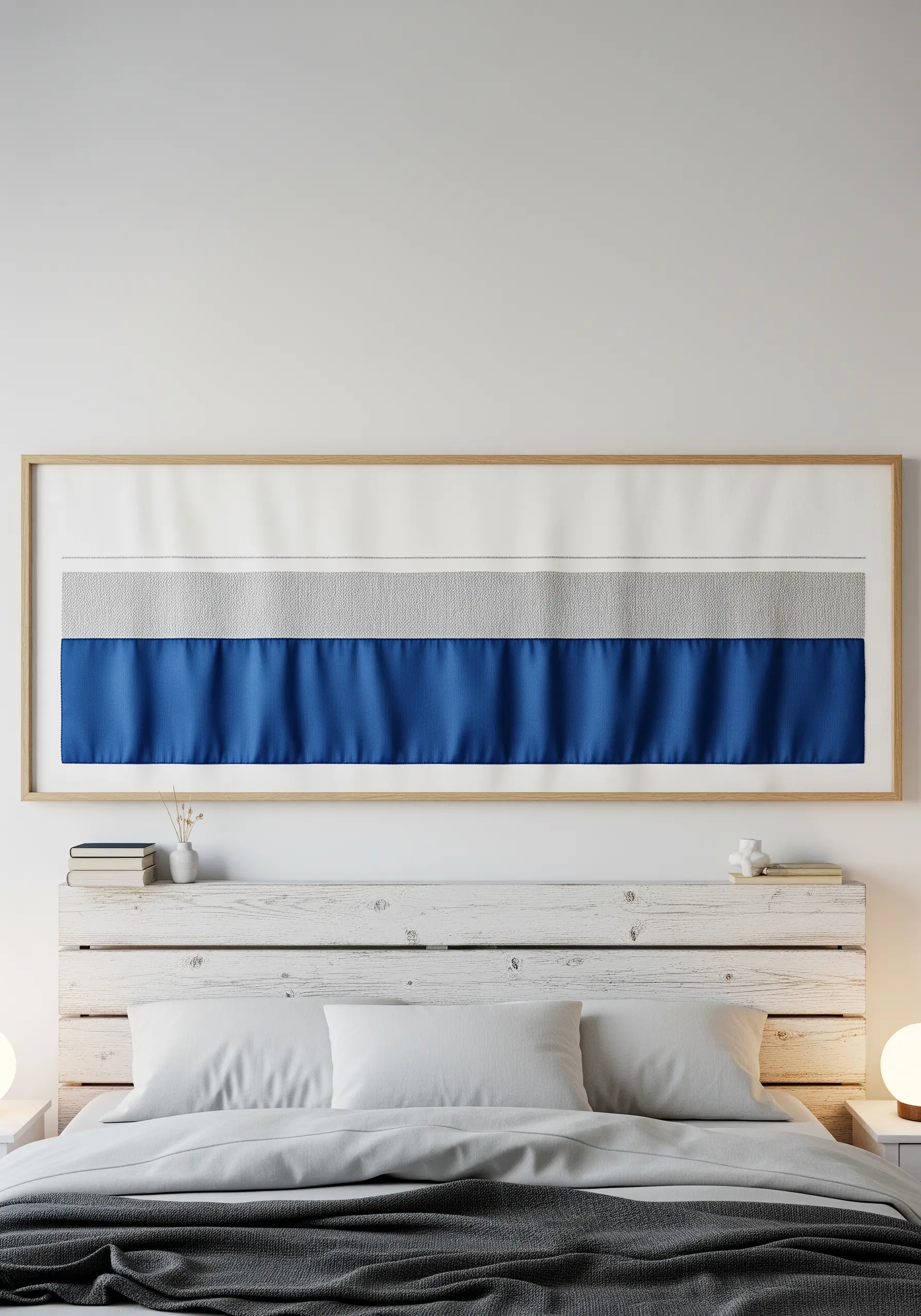 Abstract framed embroidery with horizontal blocks of blue satin stitch and grey textured stitch.