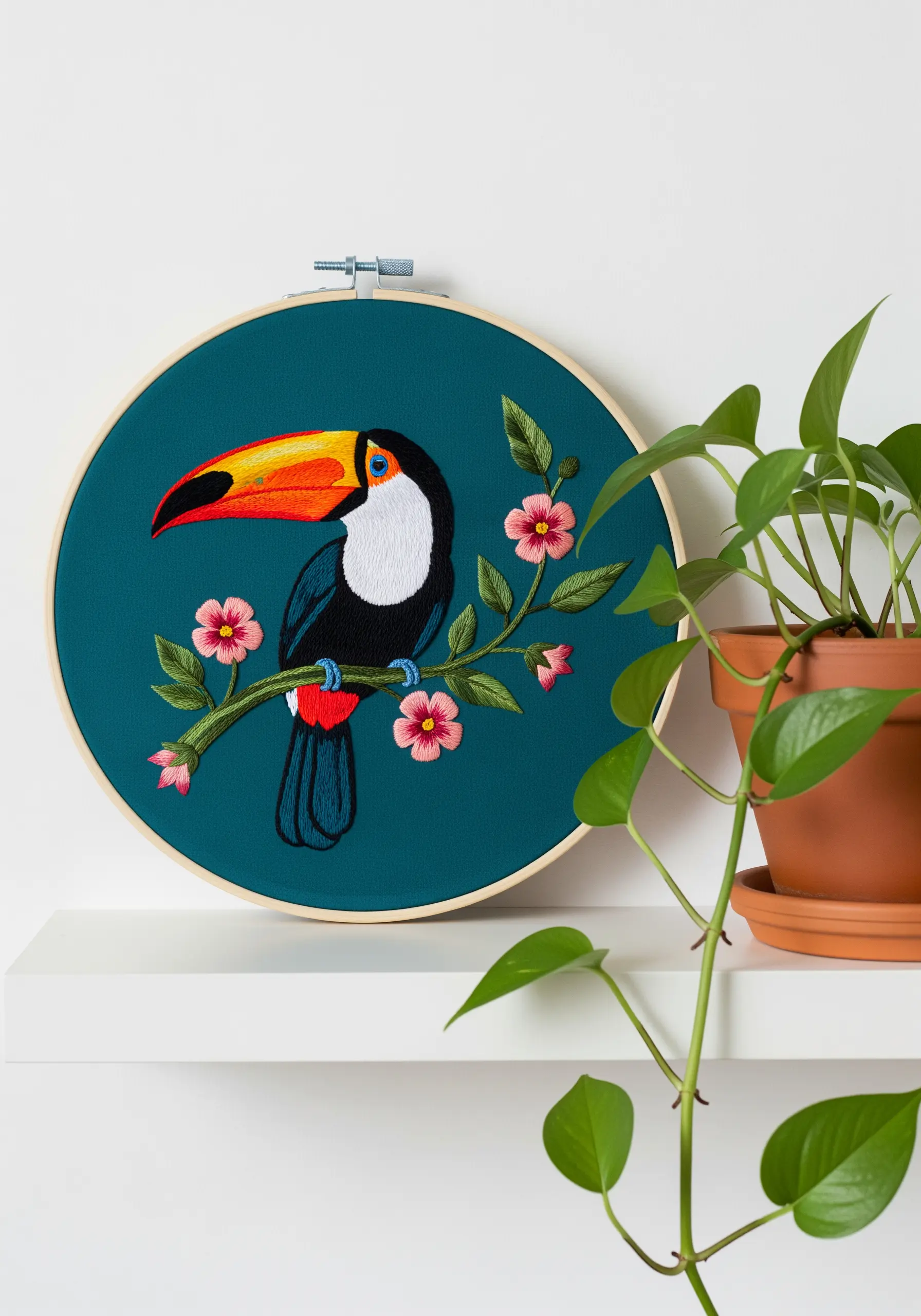 Embroidered toucan with smooth satin stitch and clean black outlines on teal fabric.