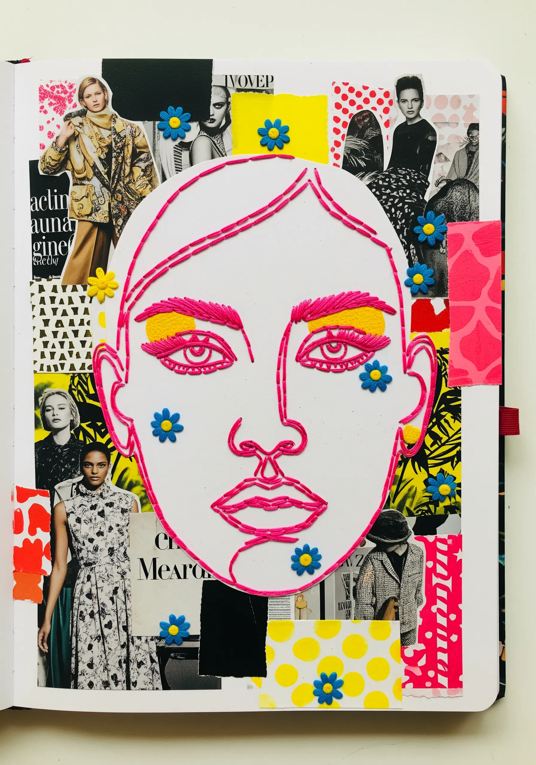 Paper collage portrait outlined in bright pink backstitch, with satin-stitched makeup details.