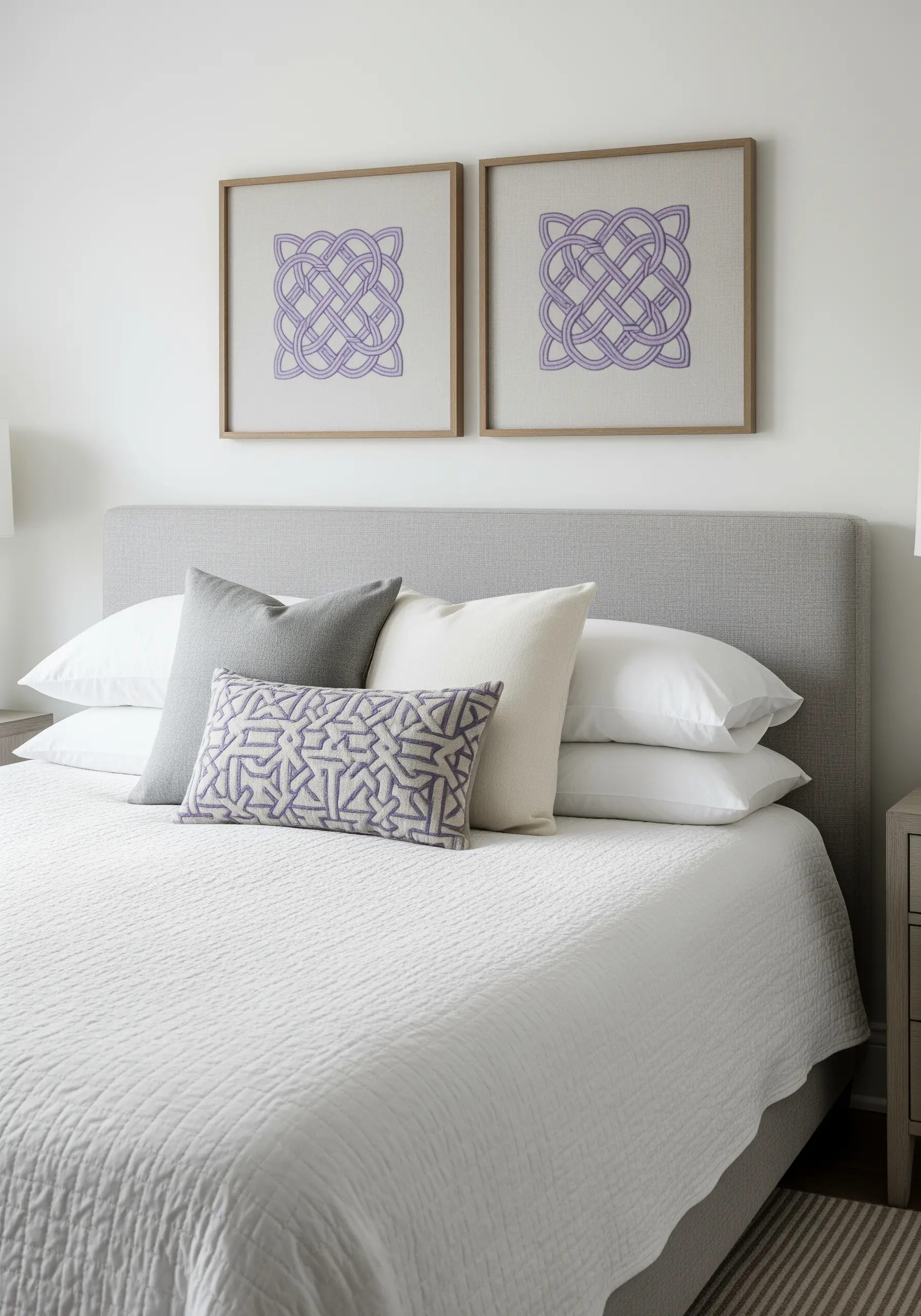 Two framed lavender embroideries of Celtic knots above a bed.