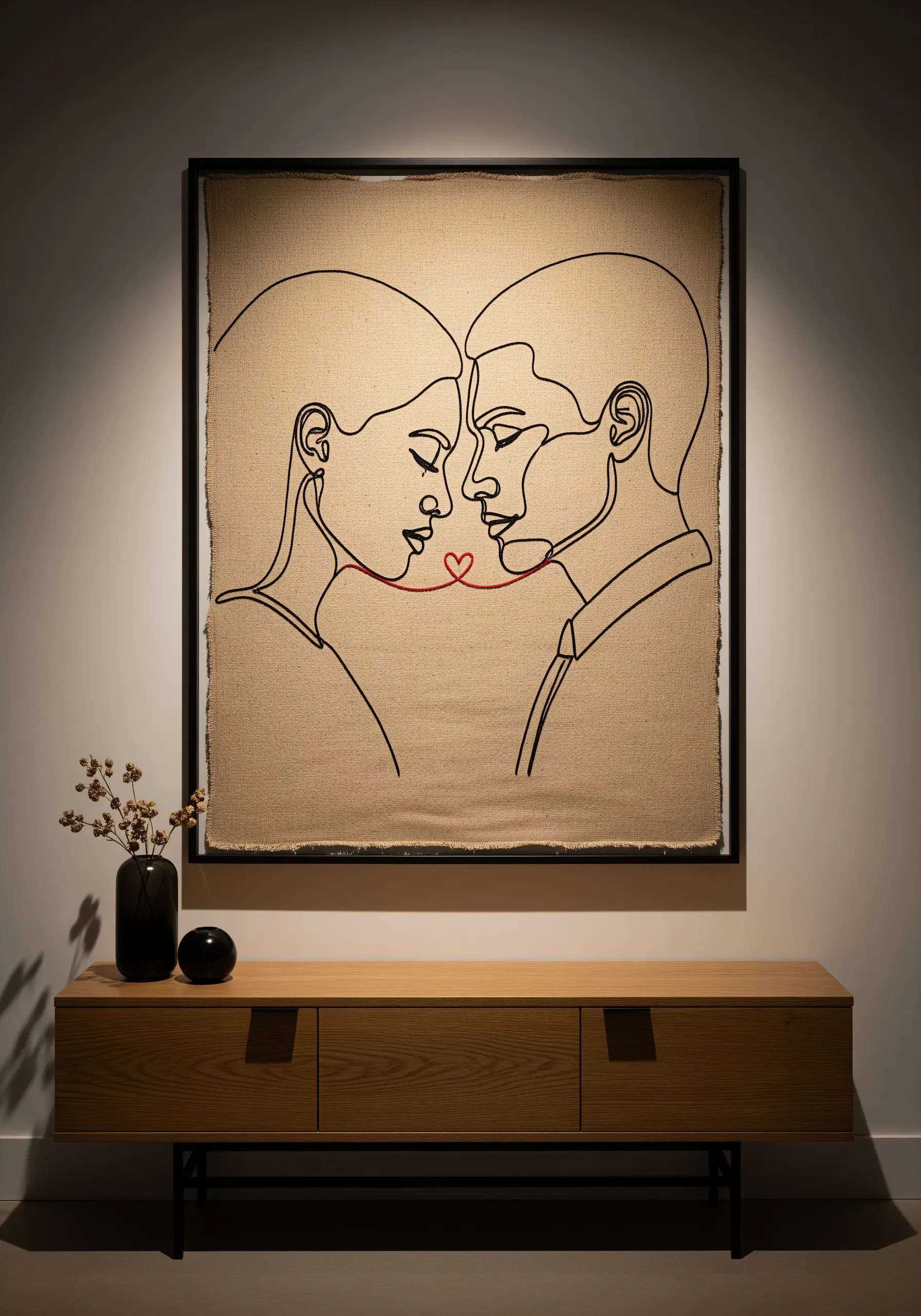 Minimalist black line art embroidery of two faces nearly touching, stitched on raw burlap fabric.