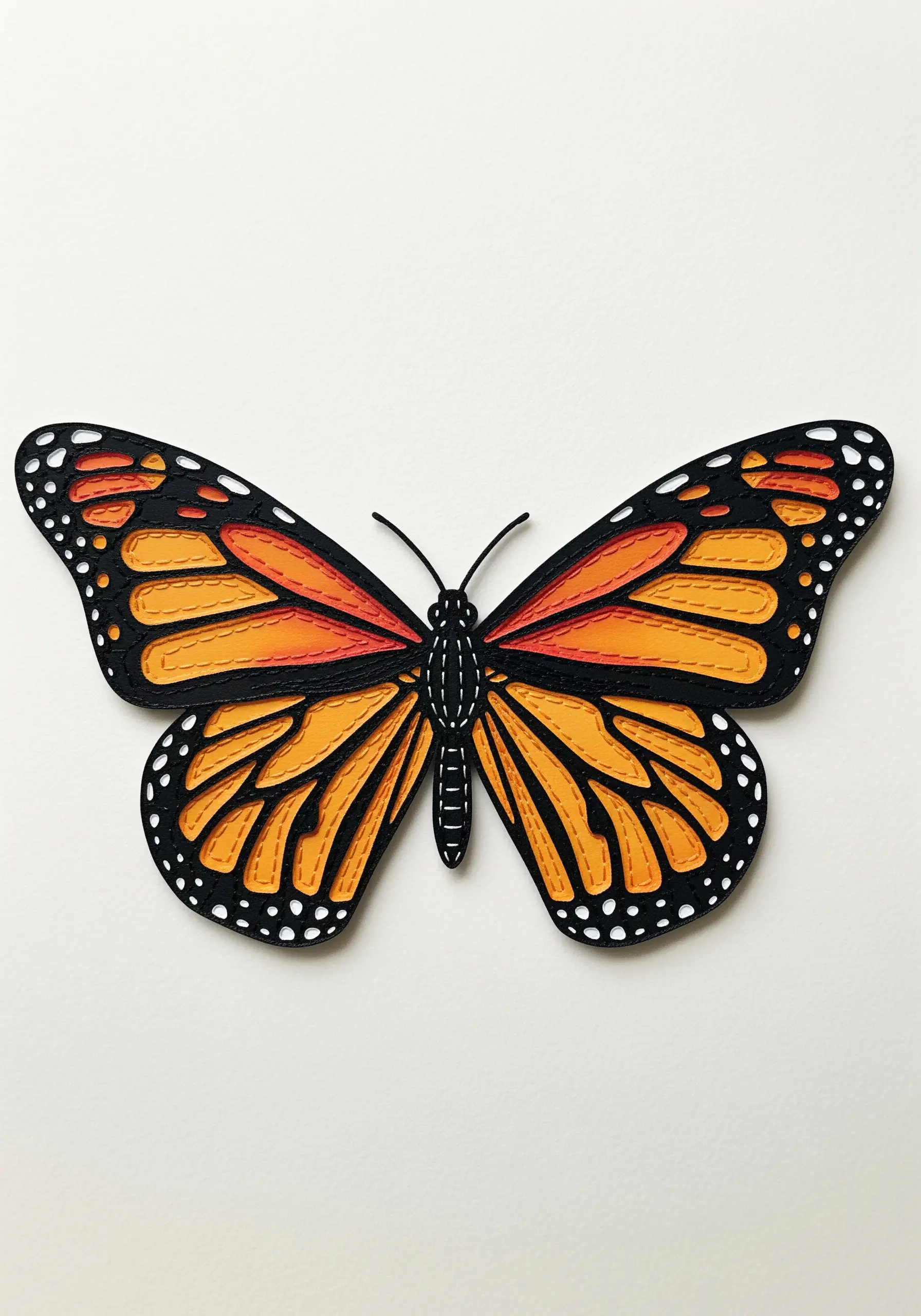A monarch butterfly made from layered orange, yellow, and black paper, with black stitched details.