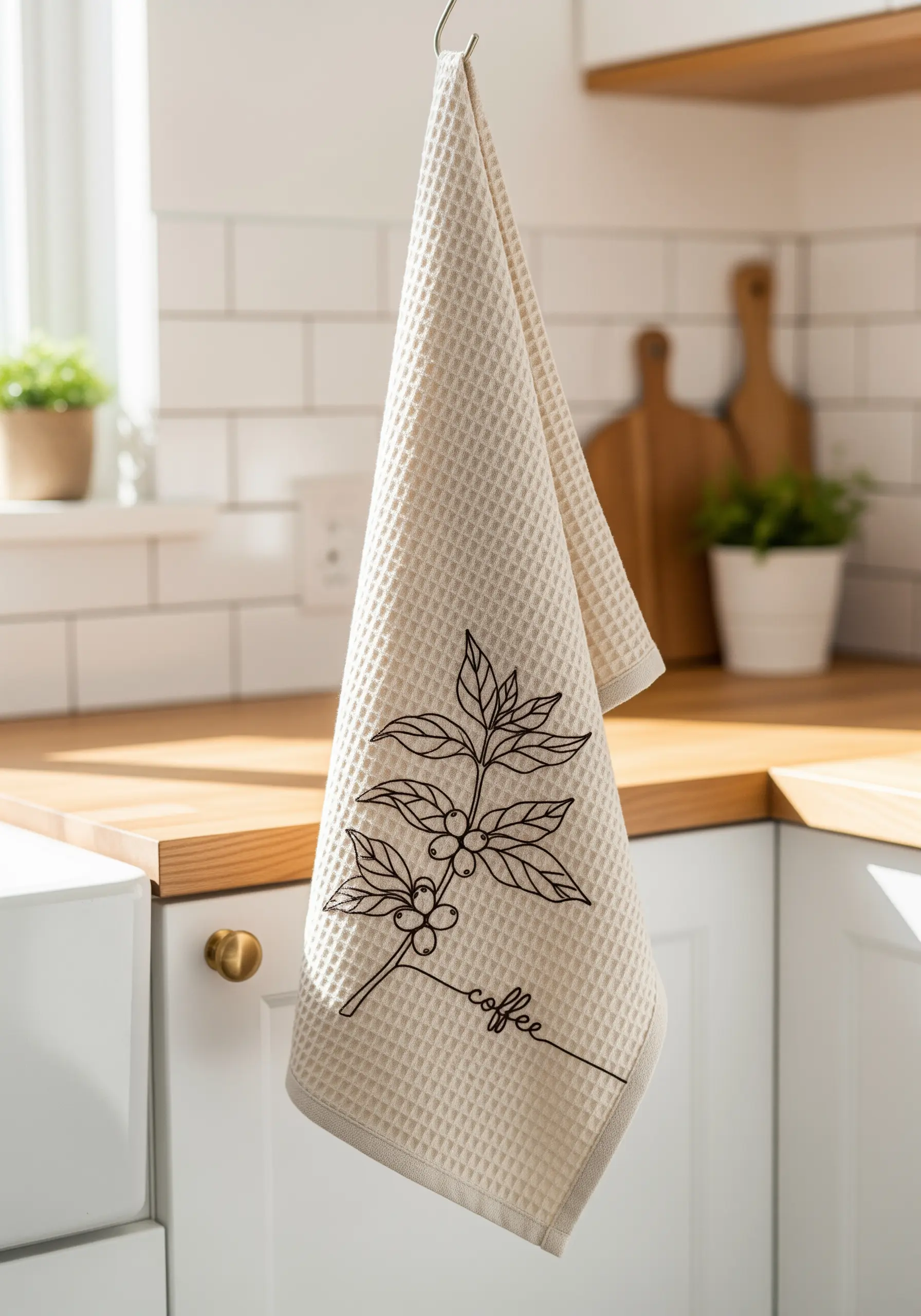 Minimalist line art of a coffee plant branch on an off-white waffle kitchen towel