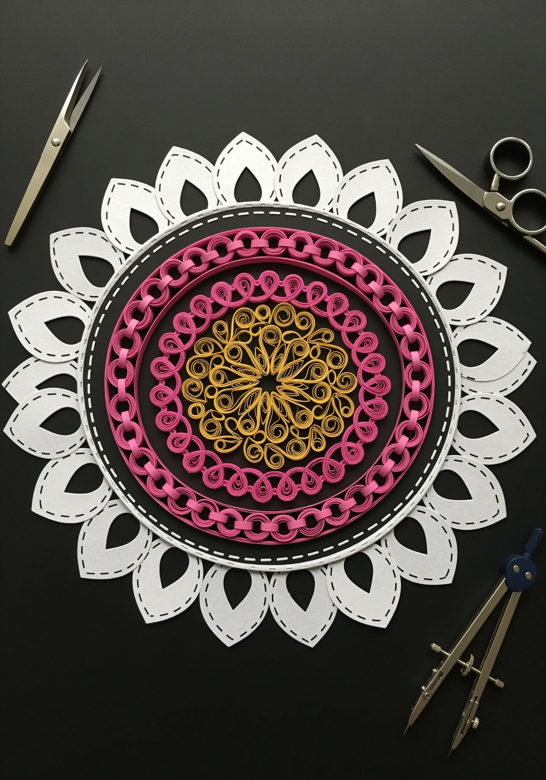 A geometric mandala made with coiled paper strips and white paper cut-outs.
