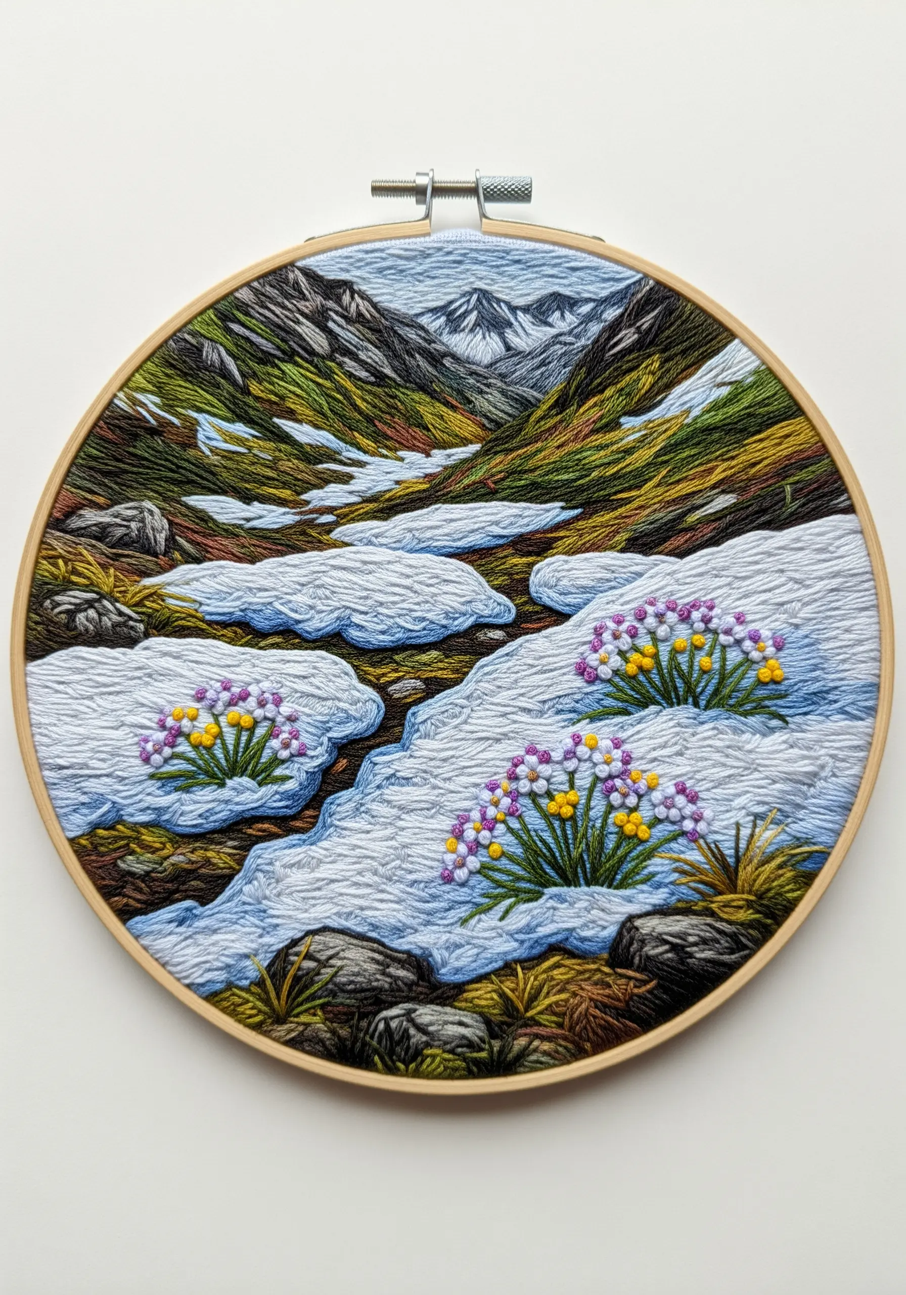 Embroidery of a mountain valley with patches of melting snow and early spring flowers.