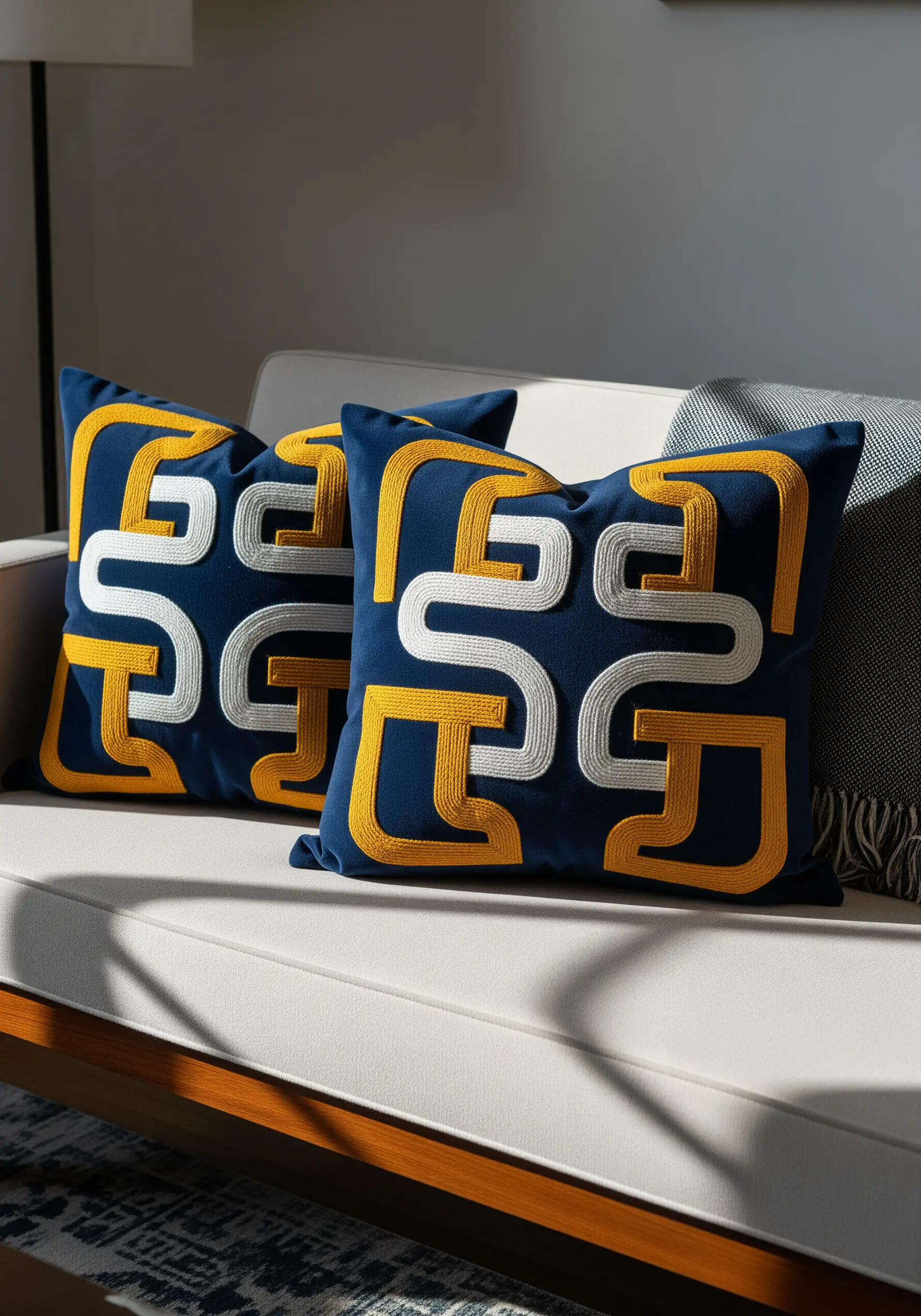 Modern navy blue pillows with geometric white and yellow embroidered patterns.