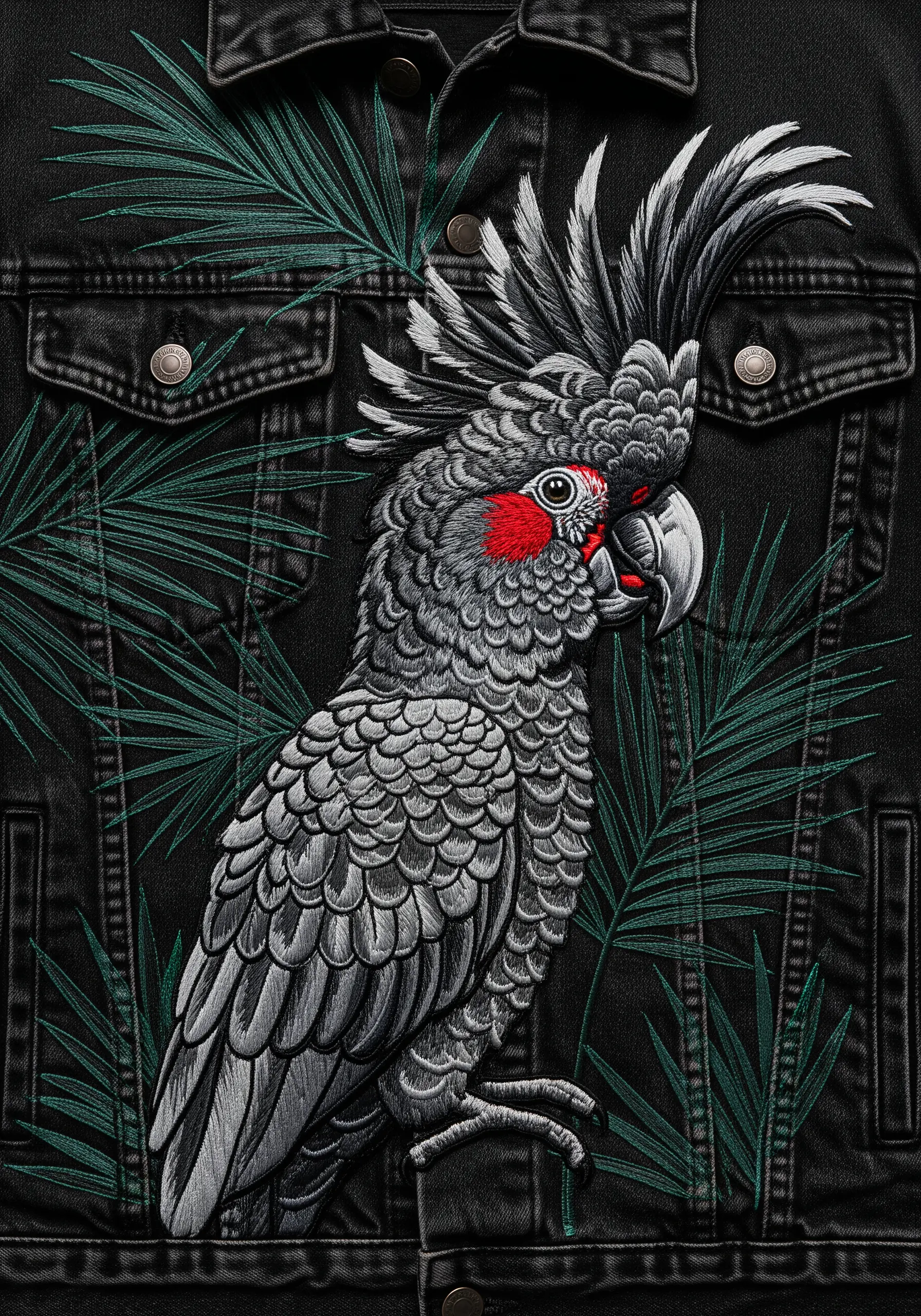 A black Palm Cockatoo with a pop of red on its cheek, stitched on a black denim jacket.