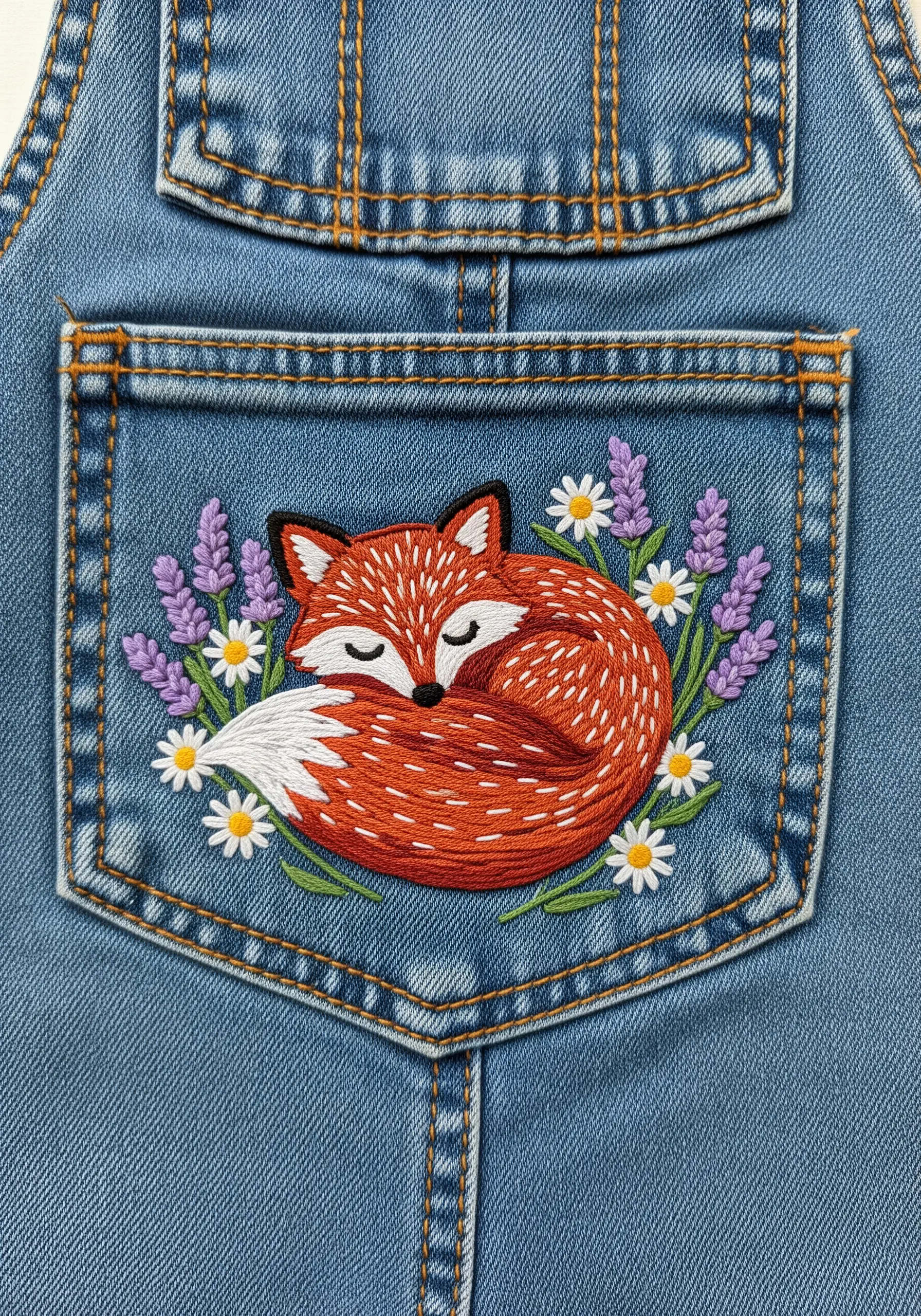 Embroidered sleeping fox with lavender and daisies on a denim pocket.