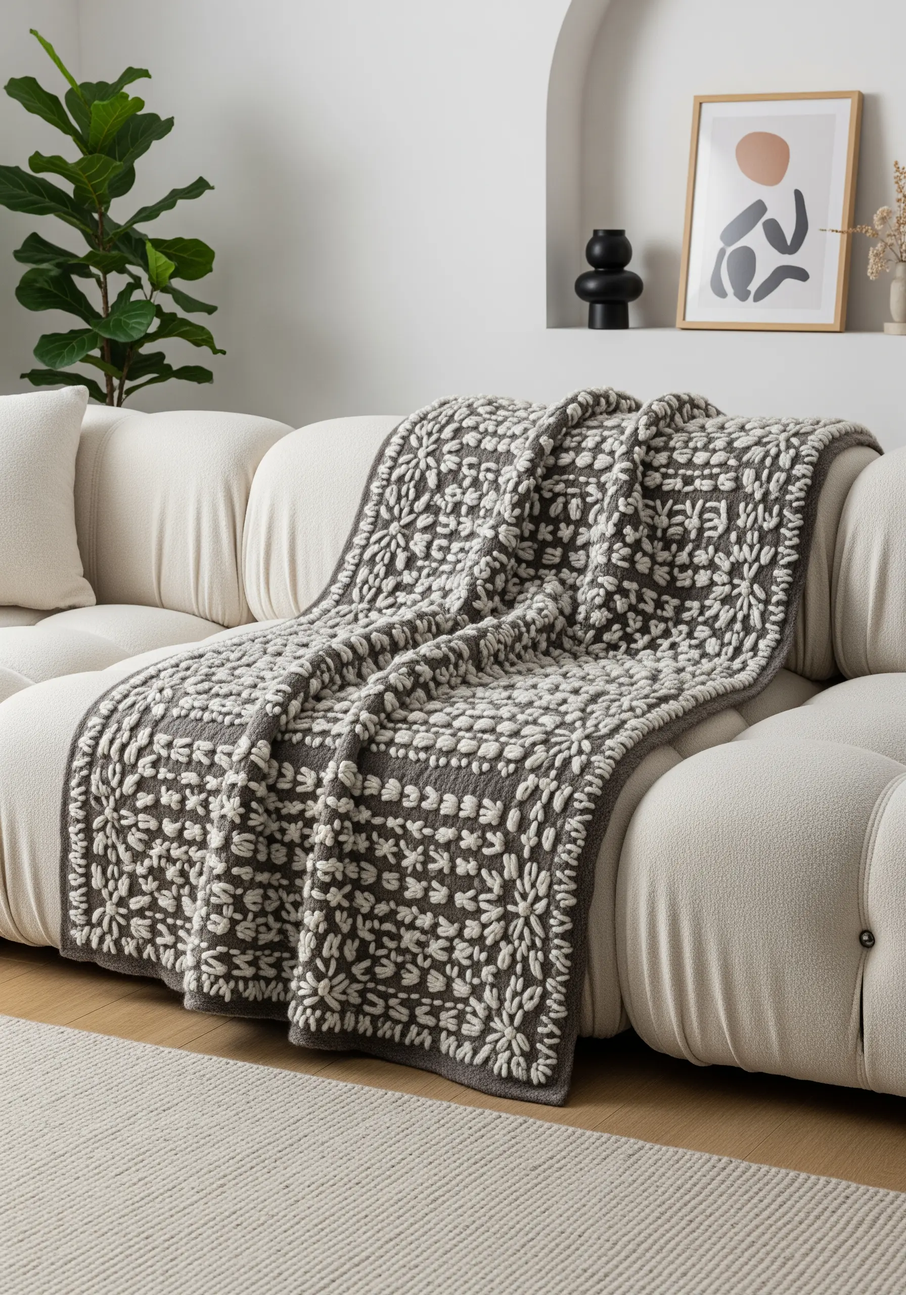 A folk-art style pattern where the background is filled with white stitches on a dark blanket.