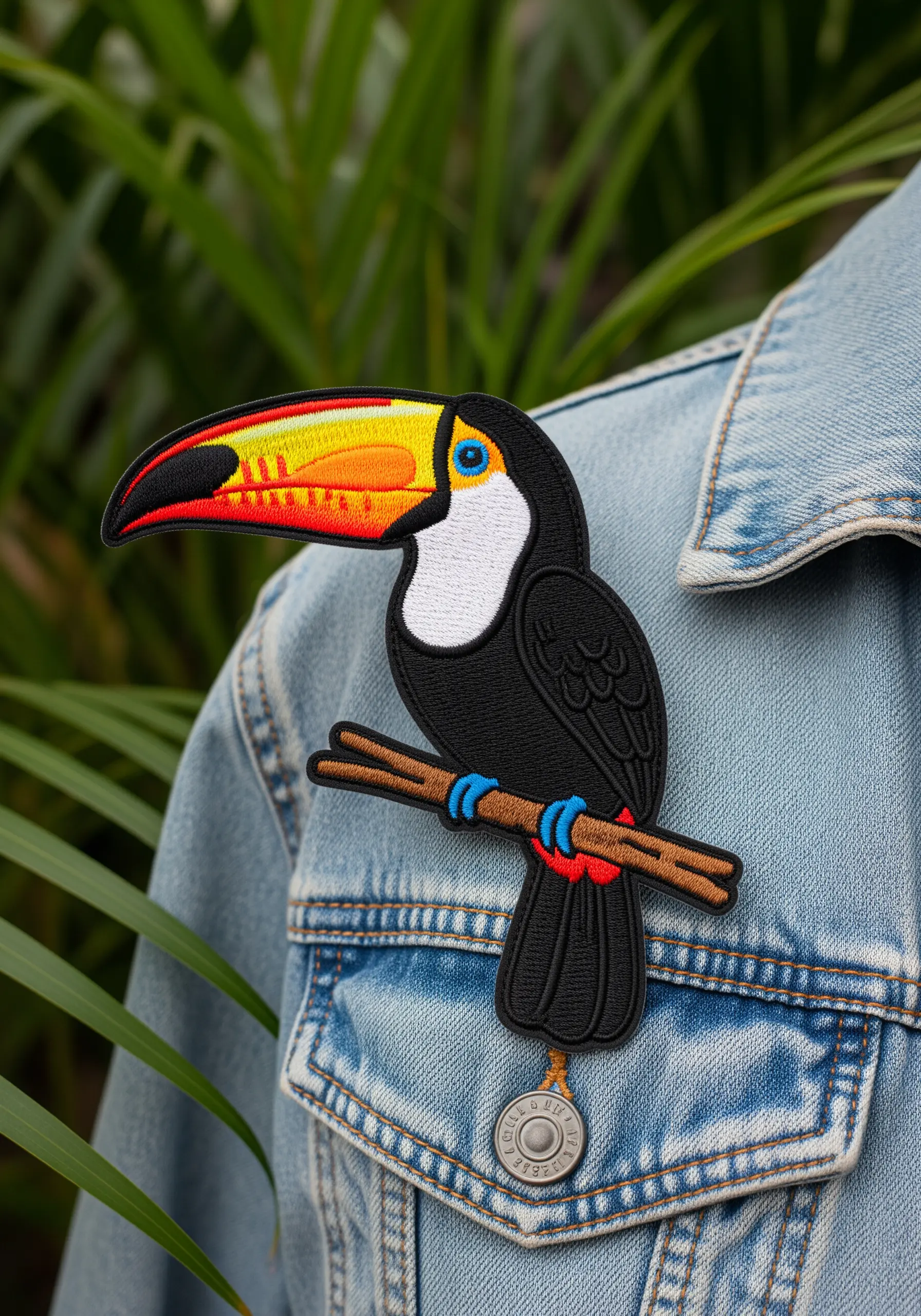 A toucan patch with a thick black satin stitch border on a denim jacket.