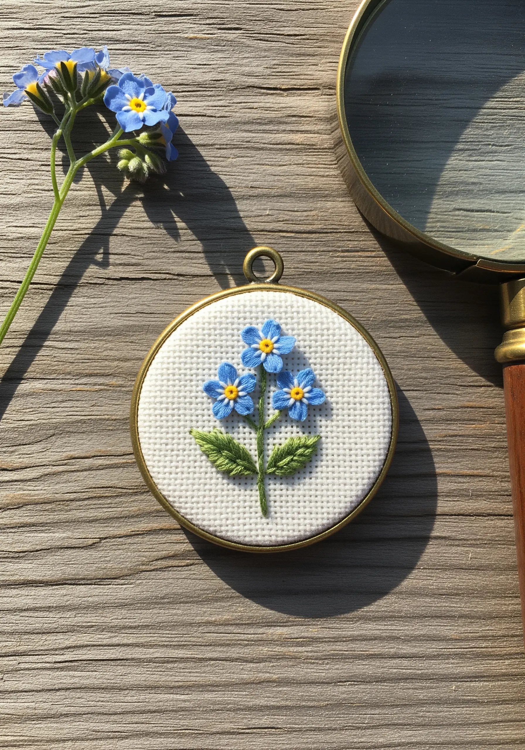 Embroidered forget-me-nots in a tiny brass pendant frame on Aida cloth
