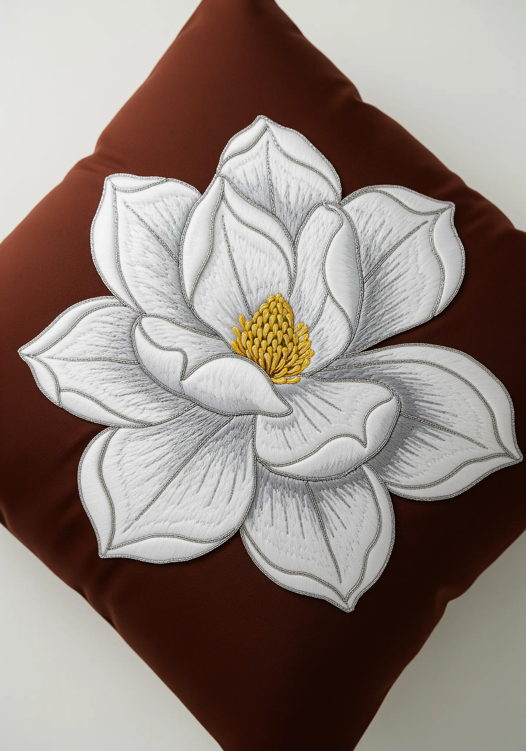 Large white thread-painted magnolia with a couched silver metallic thread outline on a brown cushion.