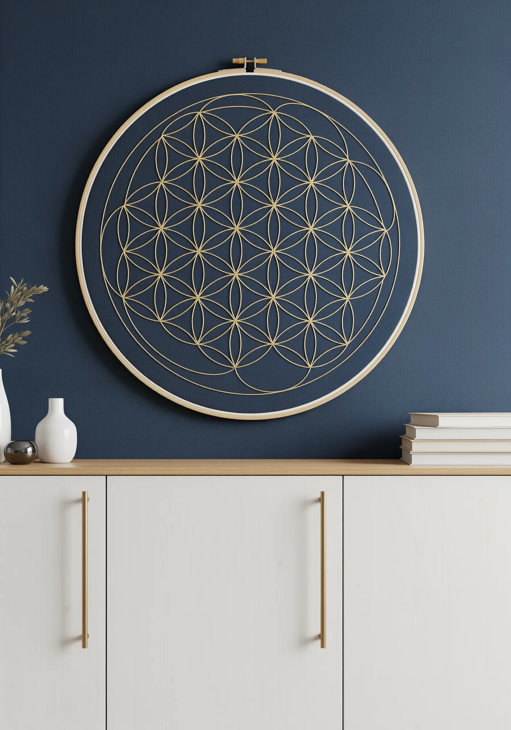 The Flower of Life pattern stitched in gold metallic thread on dark blue fabric in a hoop.