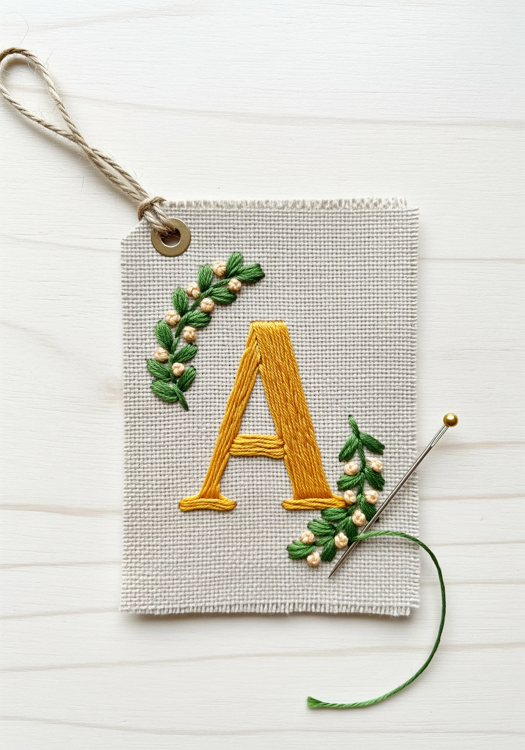 A golden satin-stitched letter 'A' on a gift tag, embellished with beaded botanicals.