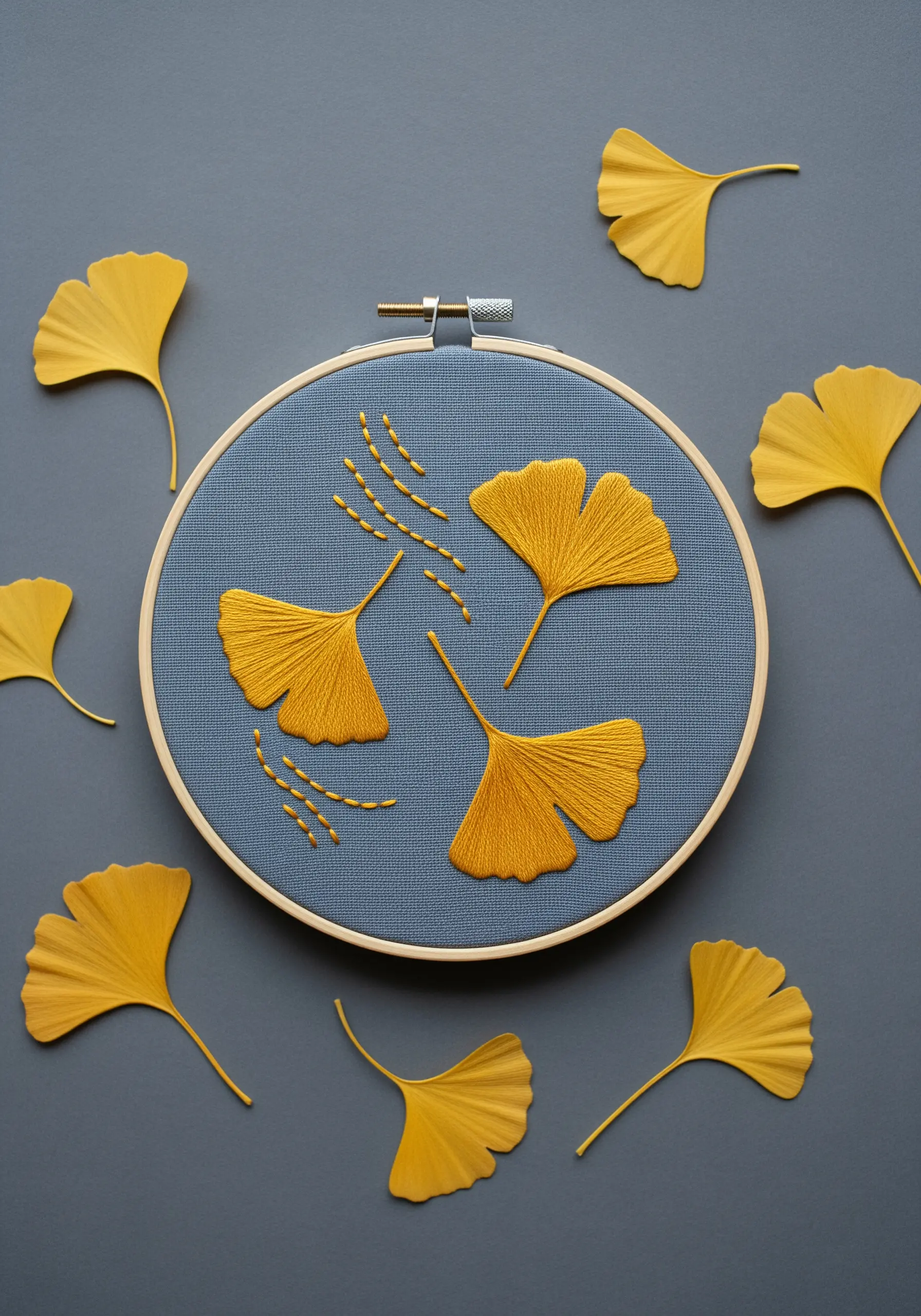Embroidery of three golden ginkgo leaves with fanned satin stitches on blue-gray fabric.
