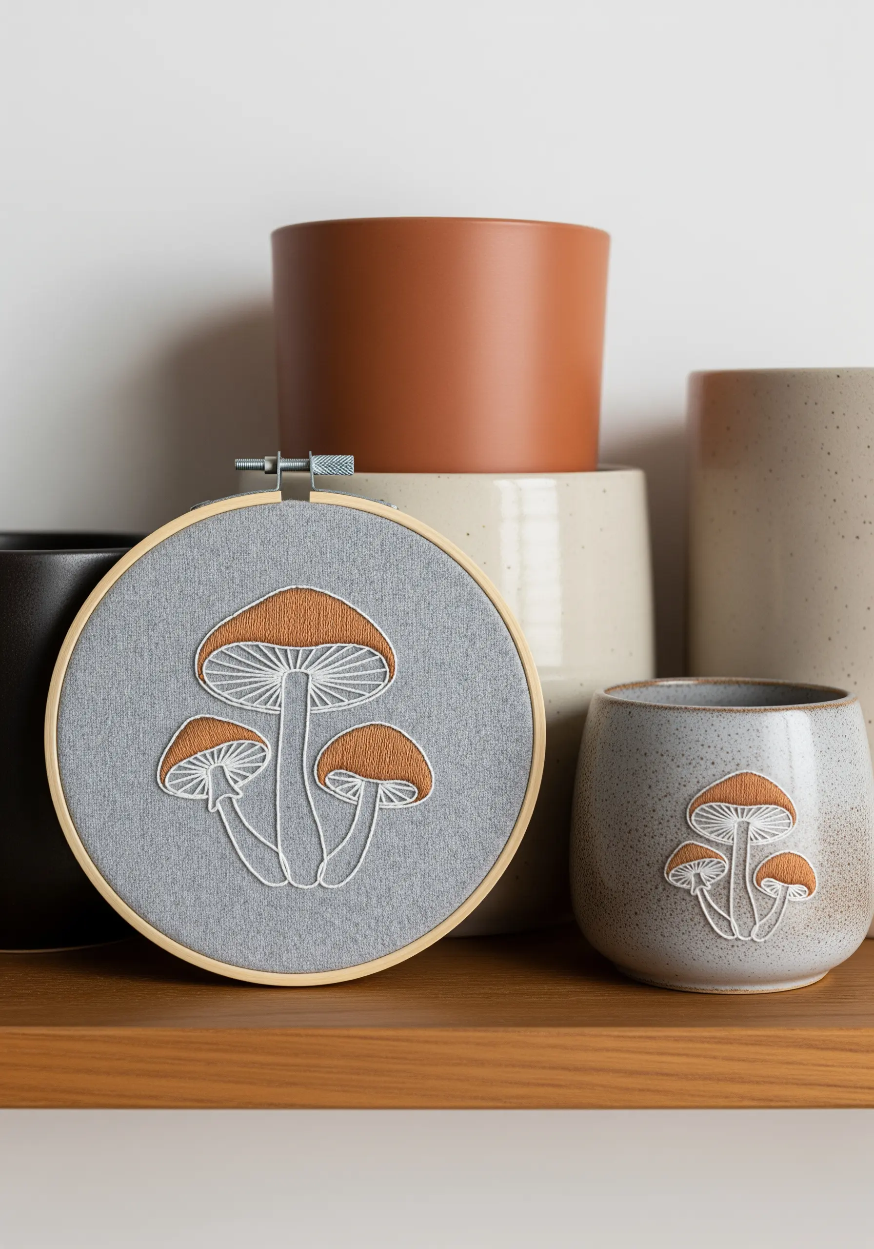 Embroidered mushrooms with smooth satin stitch fills and clean white backstitch outlines.