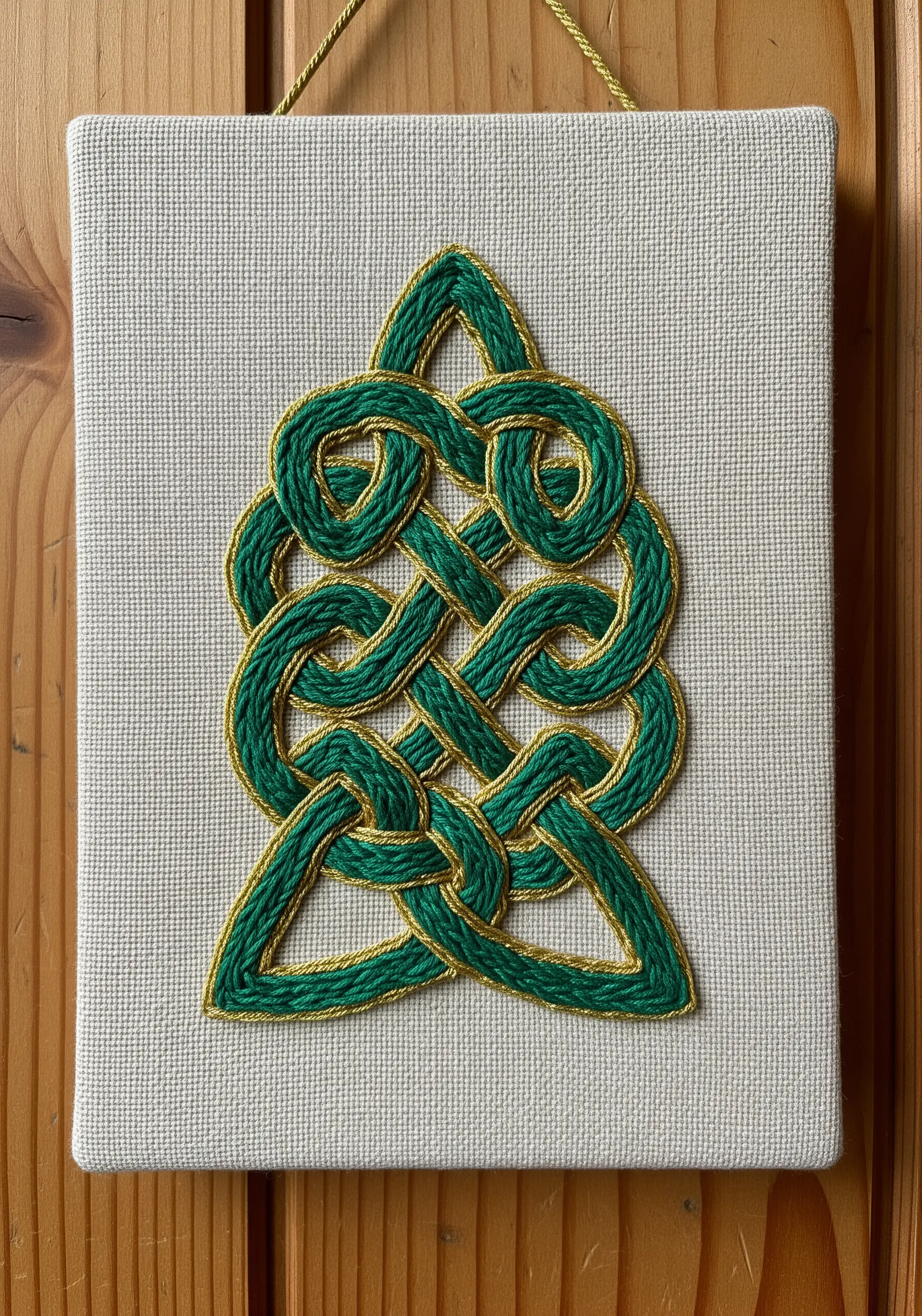 A green Celtic knot design on canvas with a bold, couched outline in gold thread.