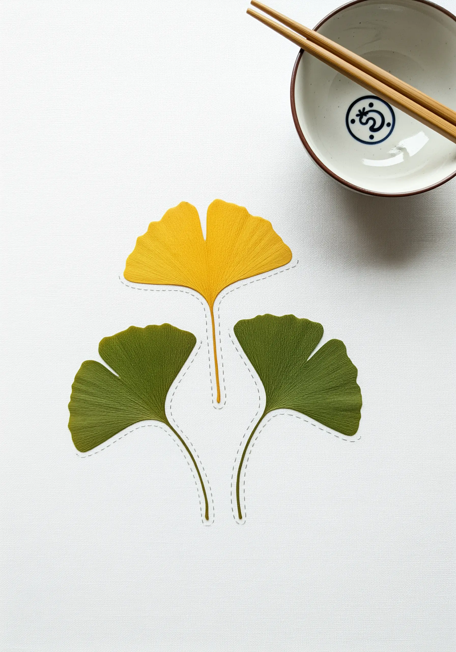 Pressed yellow and green ginkgo leaves outlined with a simple running stitch on white fabric.