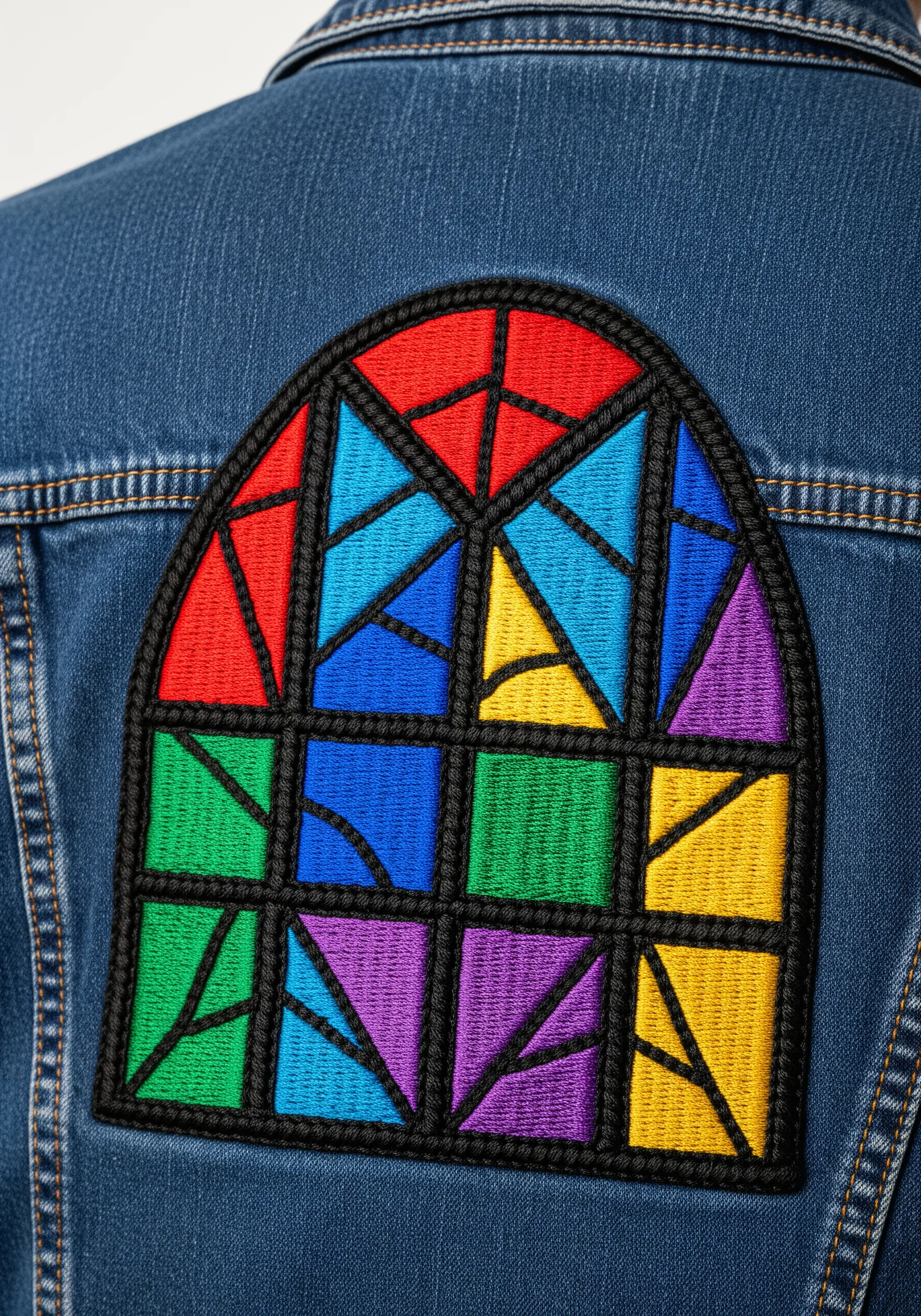 A stained-glass window patch with bold colors separated by thick black embroidered lines.