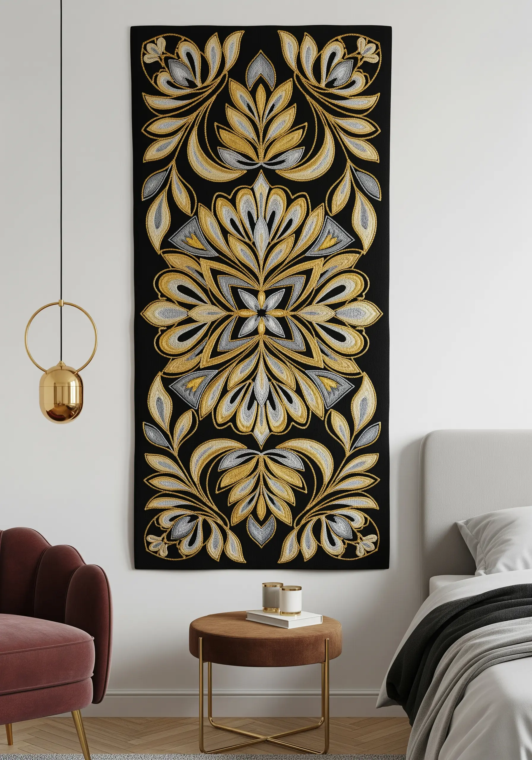 A large, abstract Art Deco style embroidery in gold, silver, and black threads.