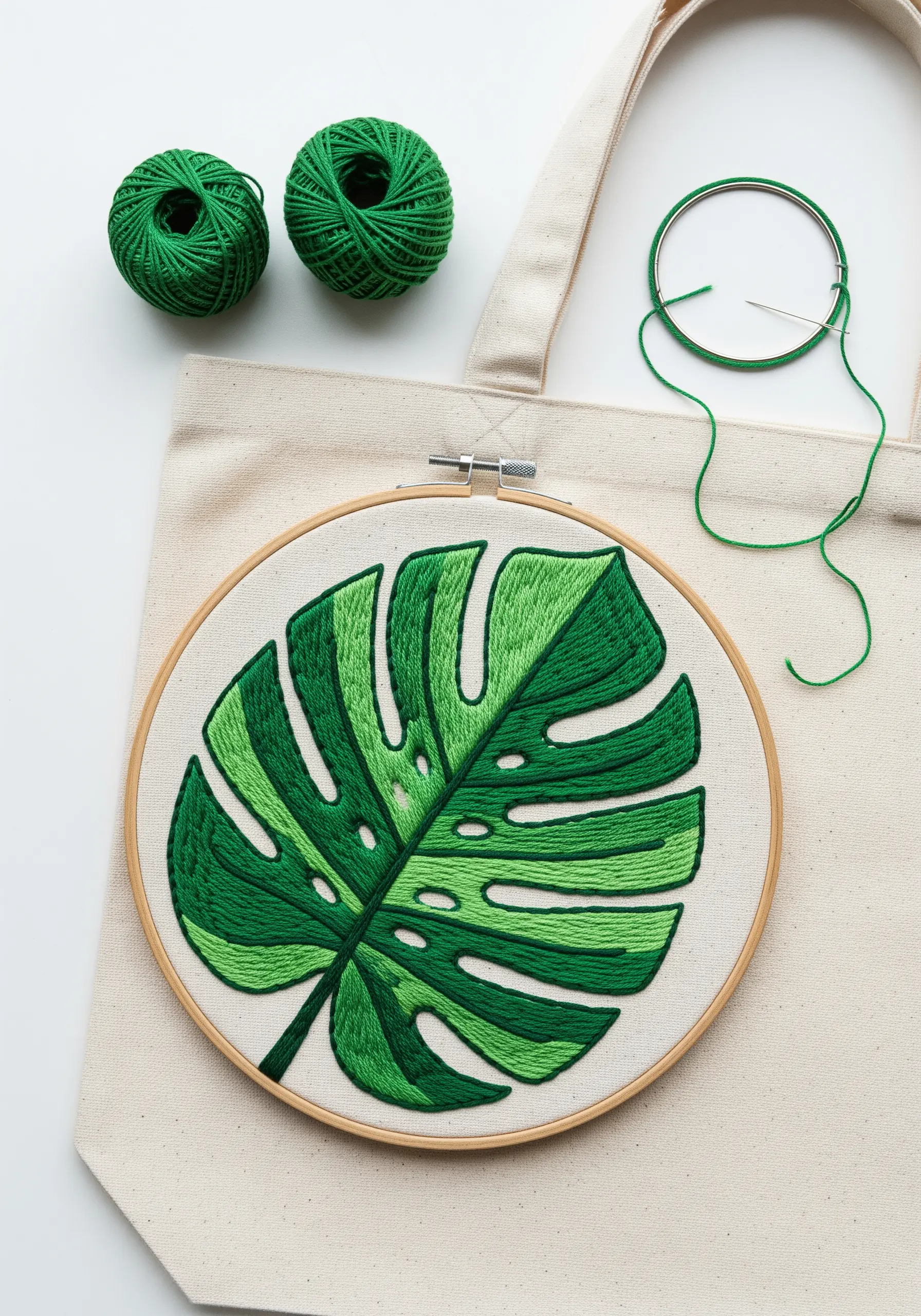 A color-blocked monstera leaf embroidered with two shades of green satin stitch.
