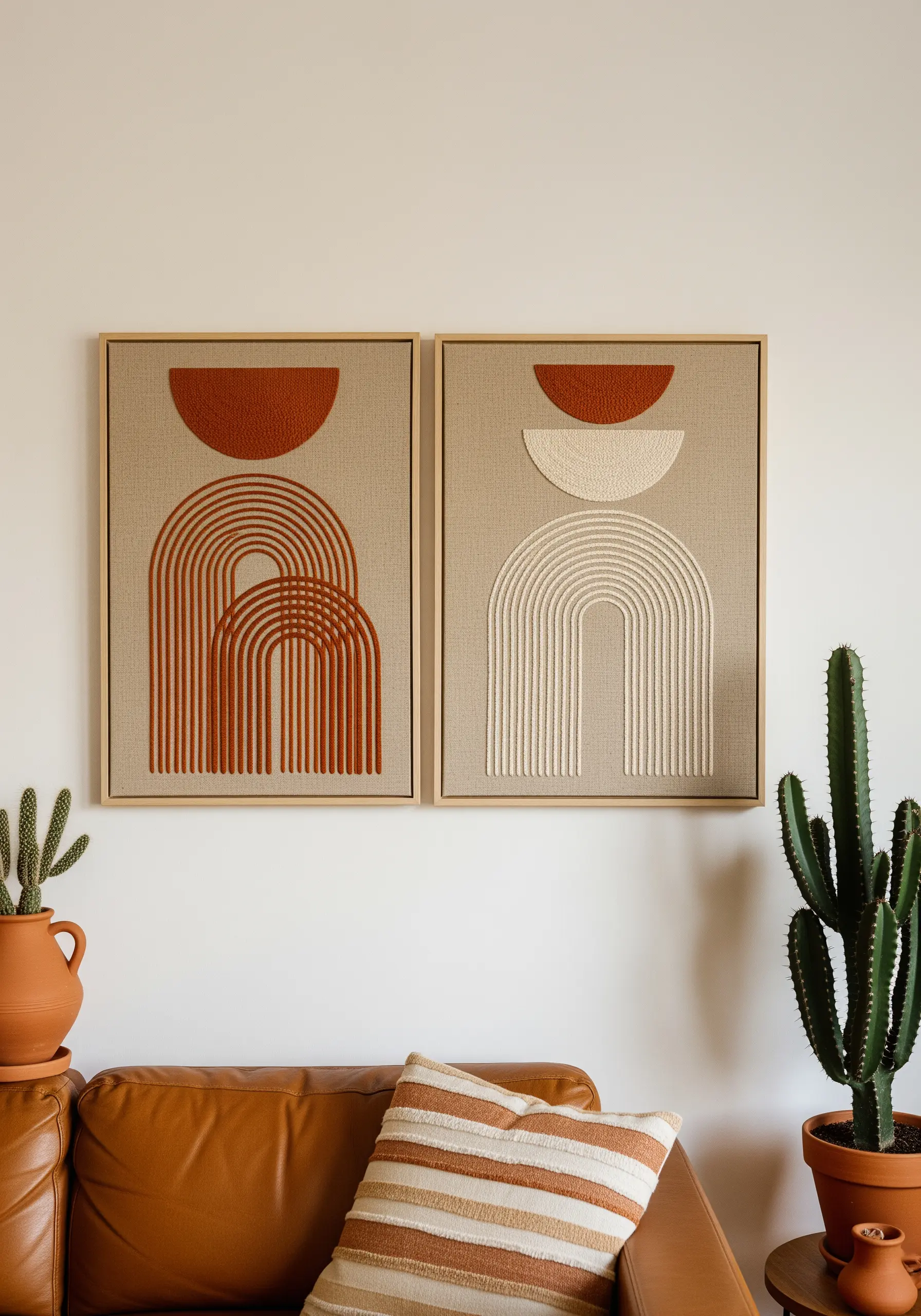 Two framed minimalist pieces with terracotta and off-white arches made of textured stitches.