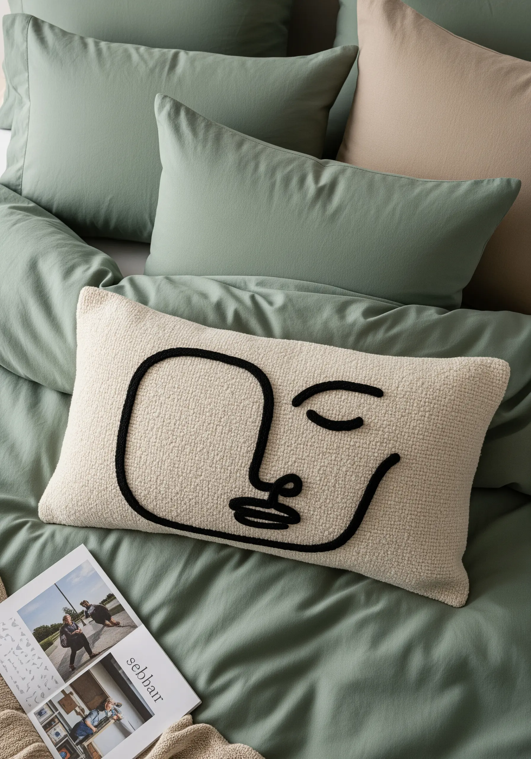 A cream bouclé pillow with a minimalist face outlined in thick, couched black yarn.