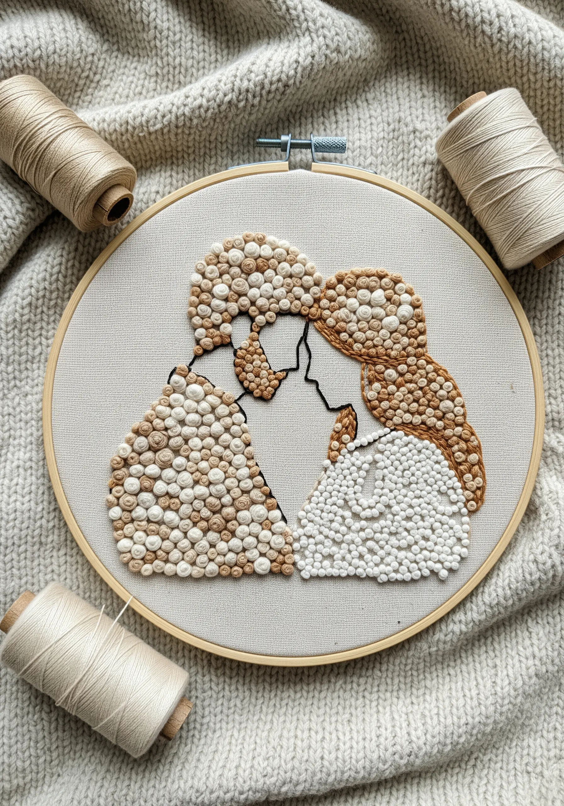 A couple's silhouette created from negative space, surrounded by textured French knots.