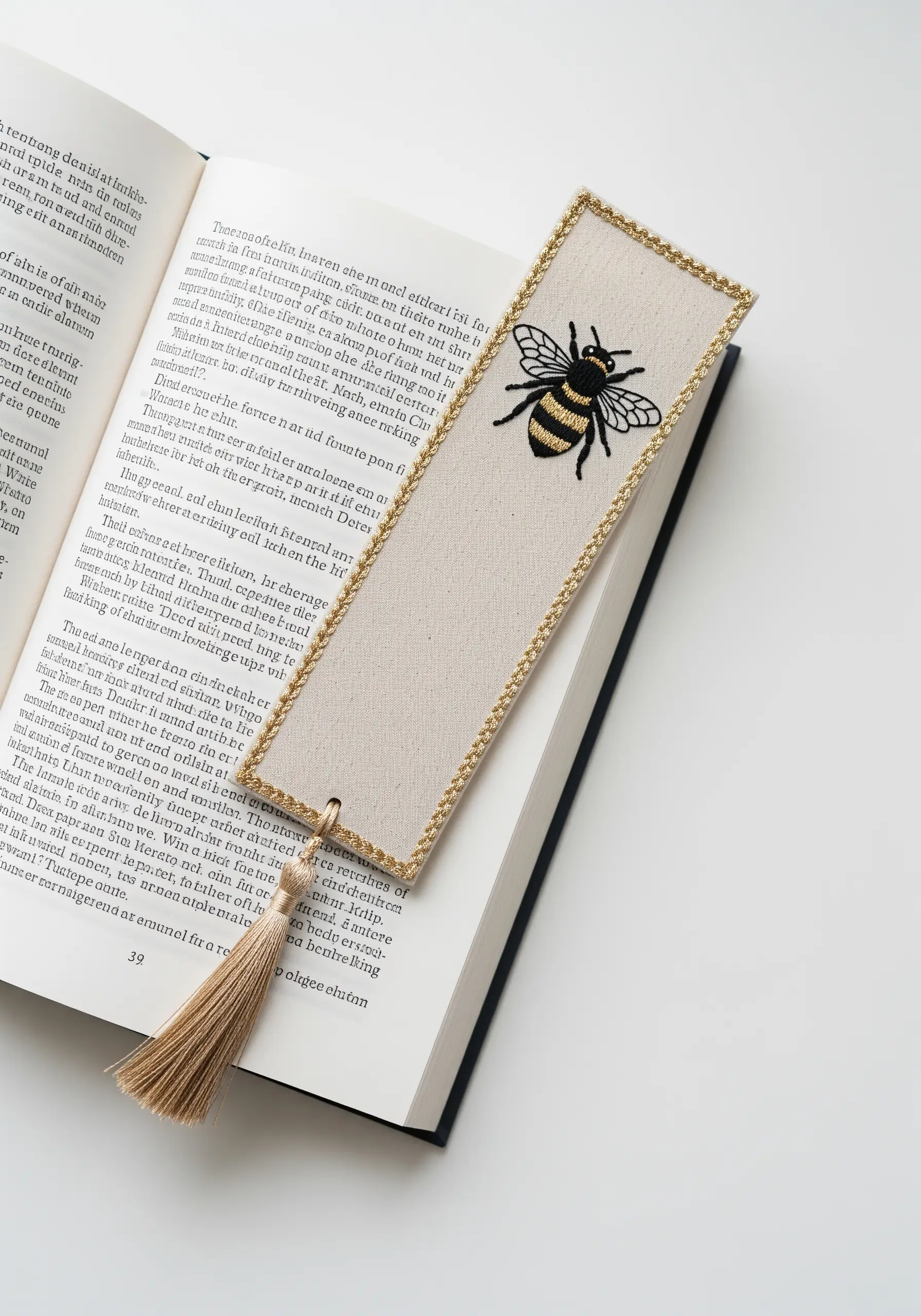 A hand-embroidered bee on a linen bookmark, framed with a gold metallic thread border.