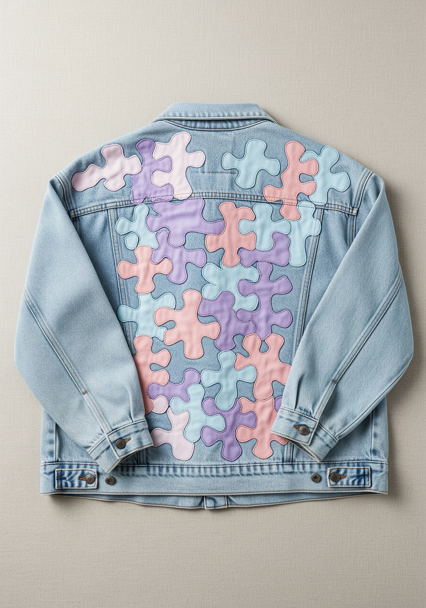 Pastel appliqué puzzle pieces with pink outline stitch on a light blue denim jacket.