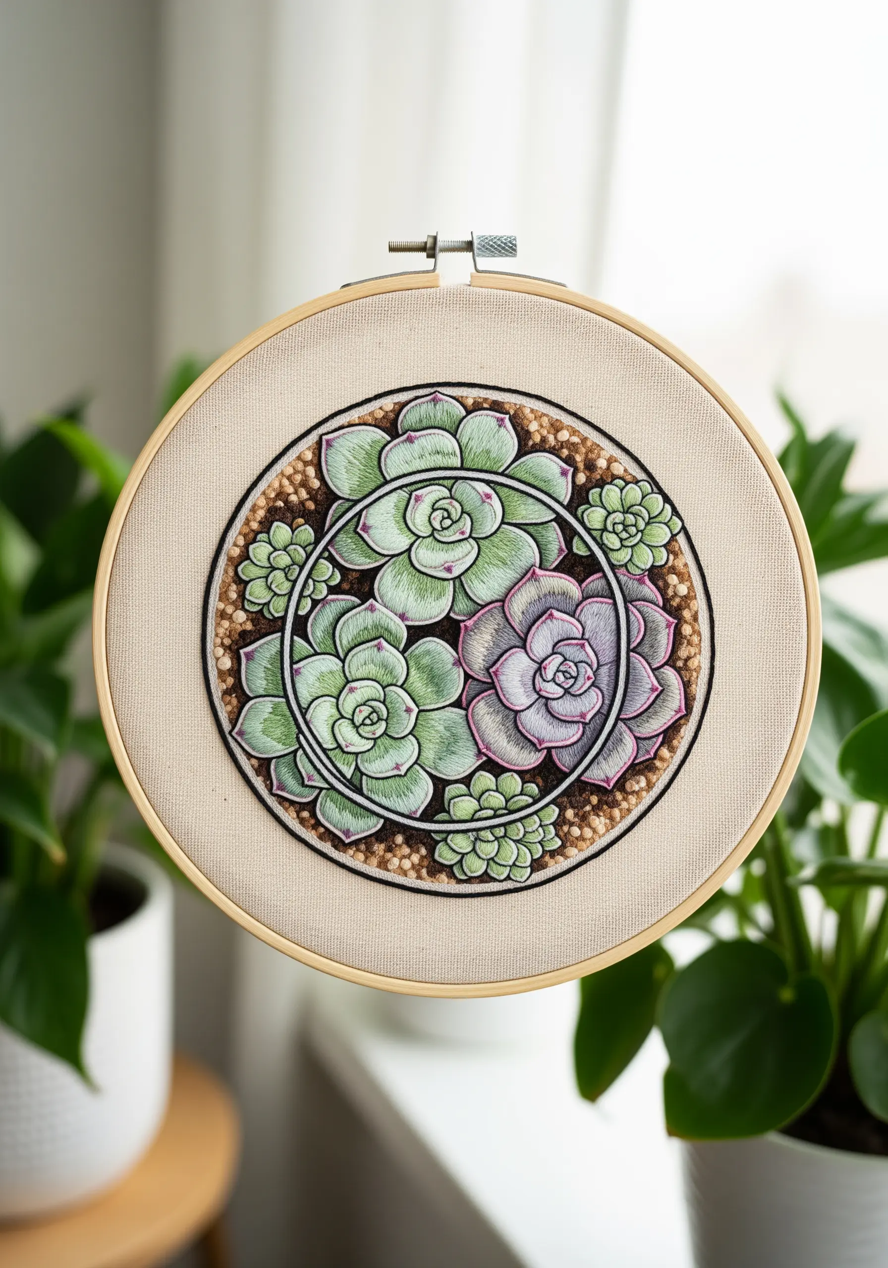 A cluster of thread-painted succulents with sharp black outlines in a circular composition.