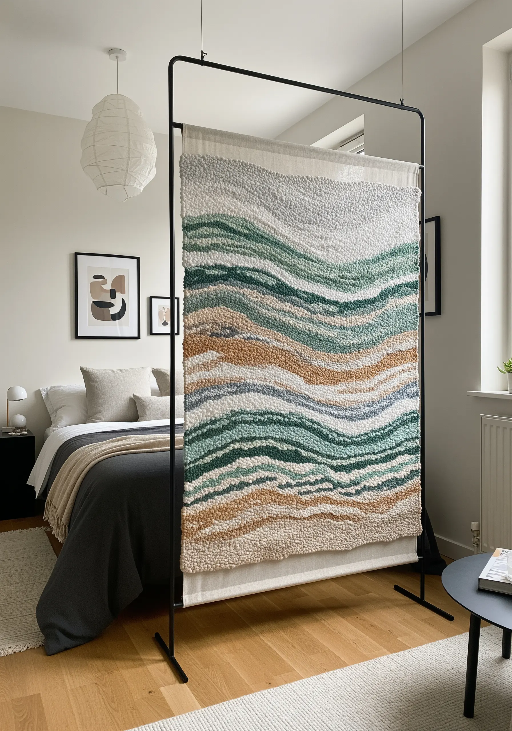 Large tufted tapestry with abstract green and beige waves on a black frame.