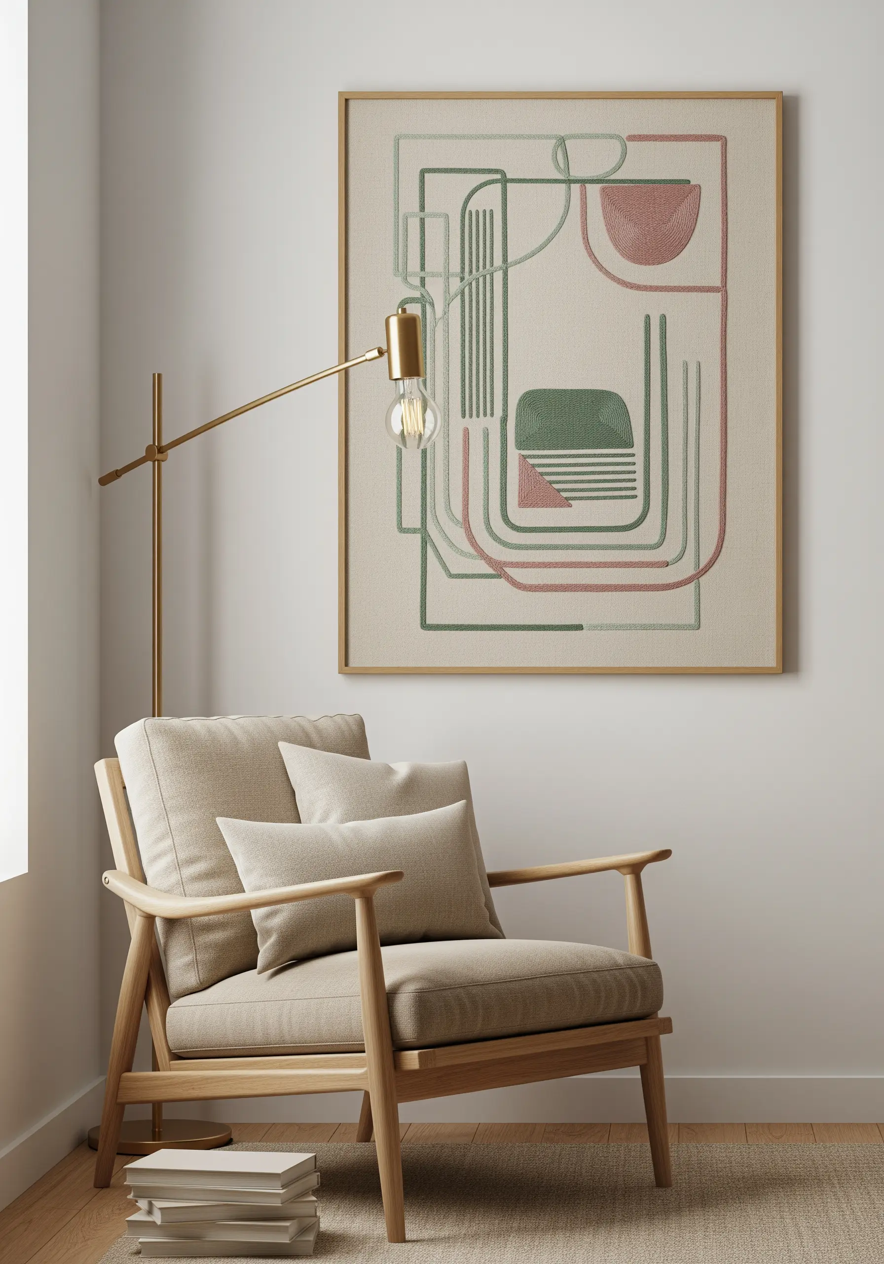 Large framed geometric embroidery with clean lines in sage and rose.