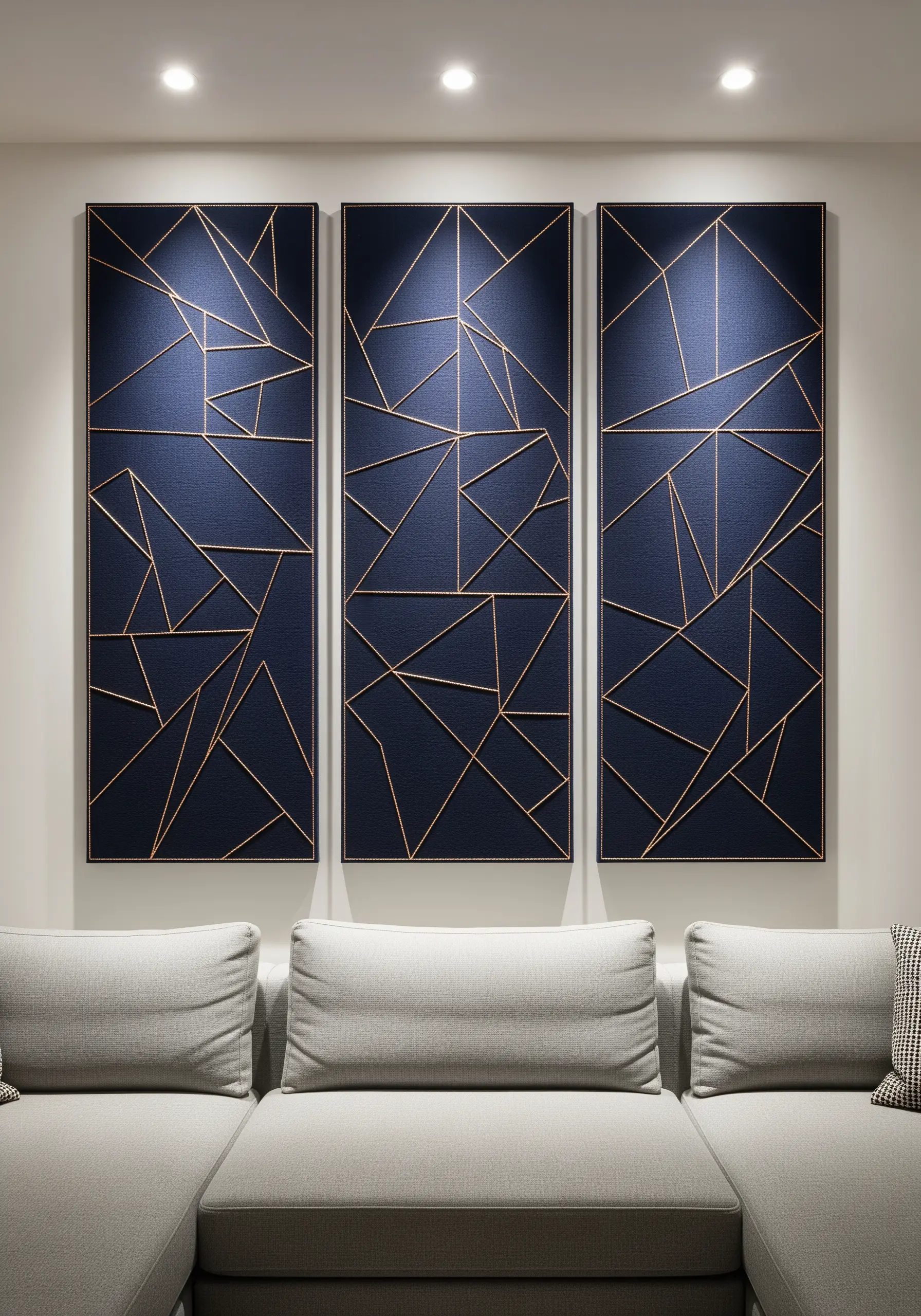 A triptych of navy blue panels with gold metallic cord couched in abstract geometric lines.