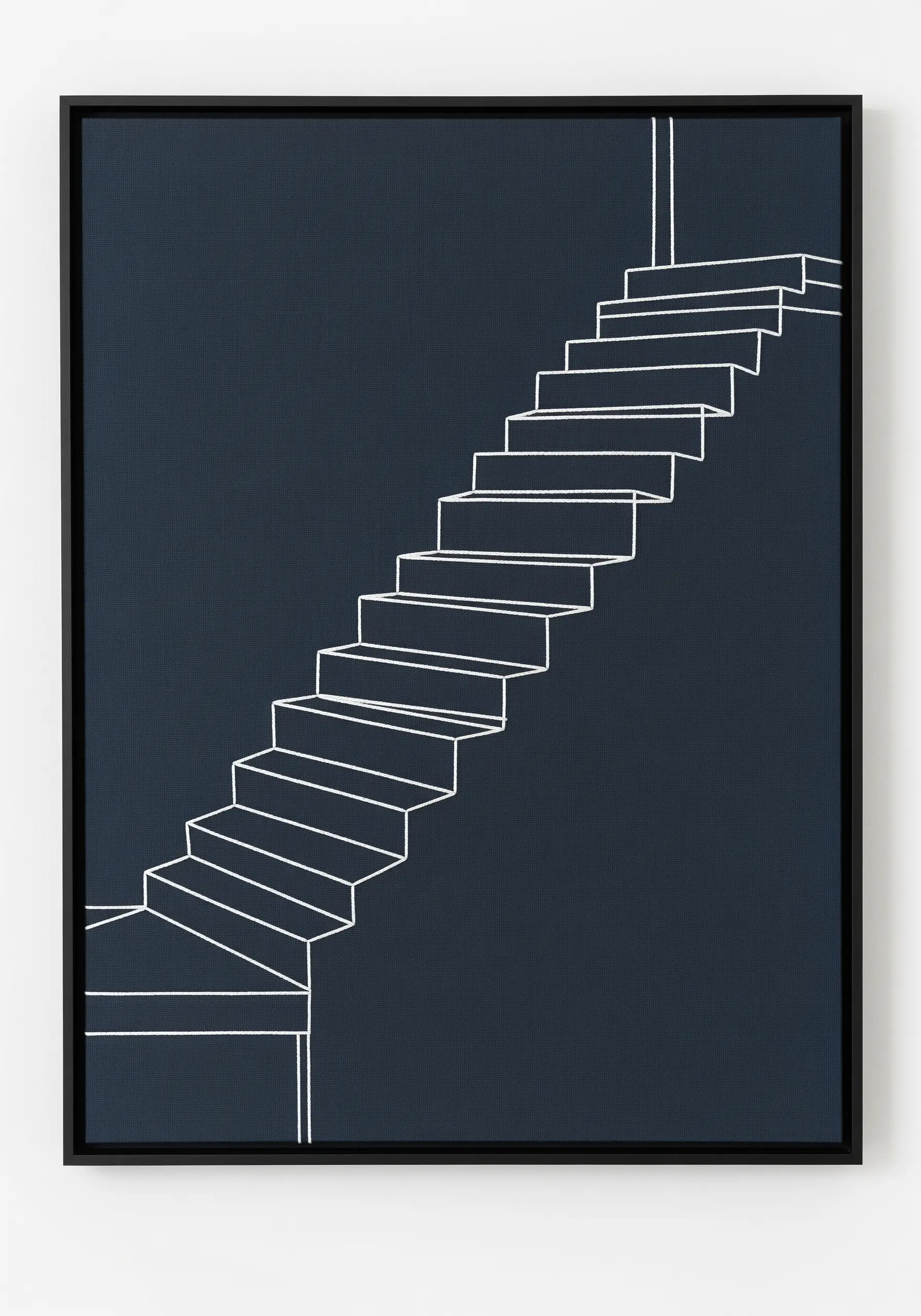 Minimalist line art of a staircase stitched in white thread on a dark navy canvas.