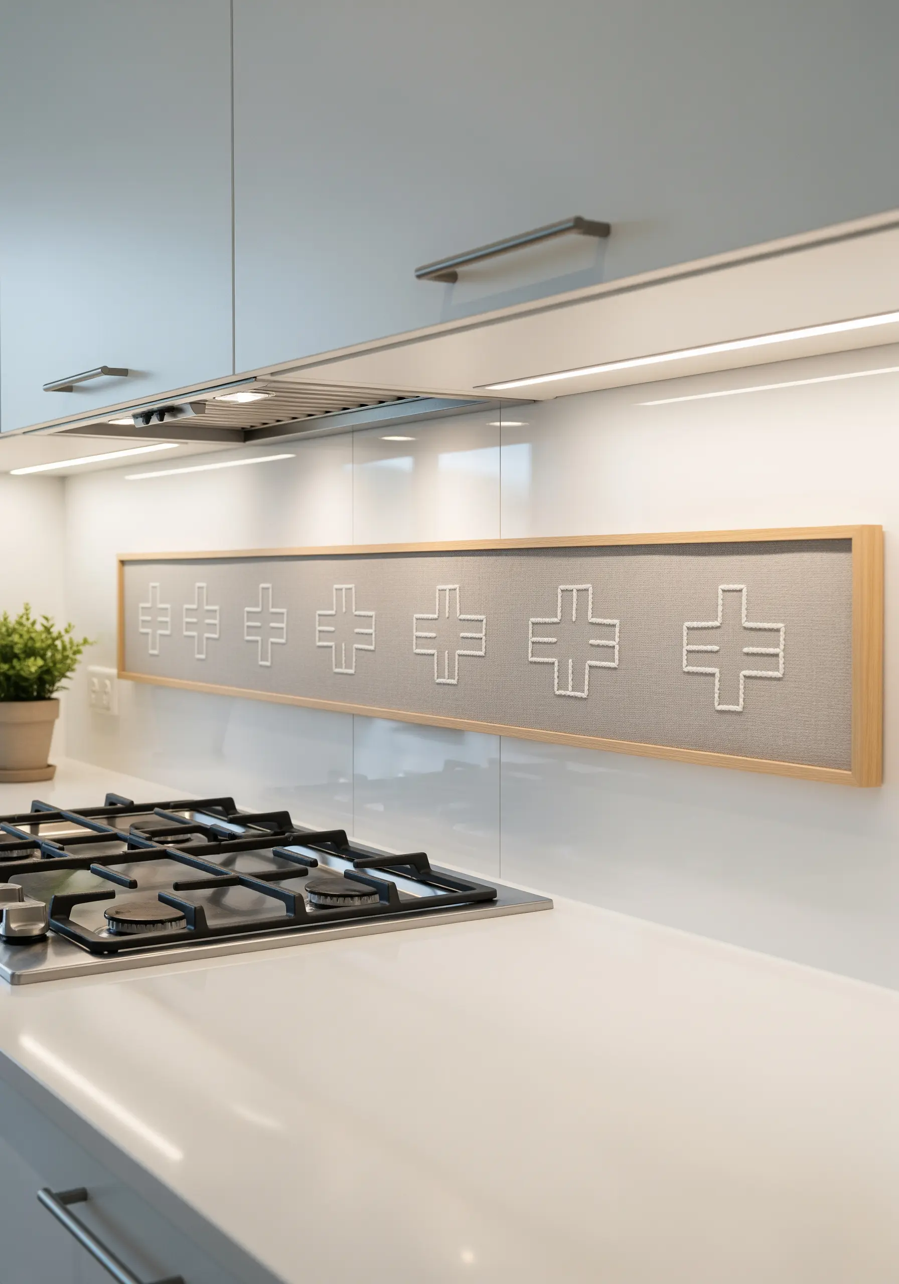 A long, narrow framed embroidery with a repeating pattern of white geometric crosses.