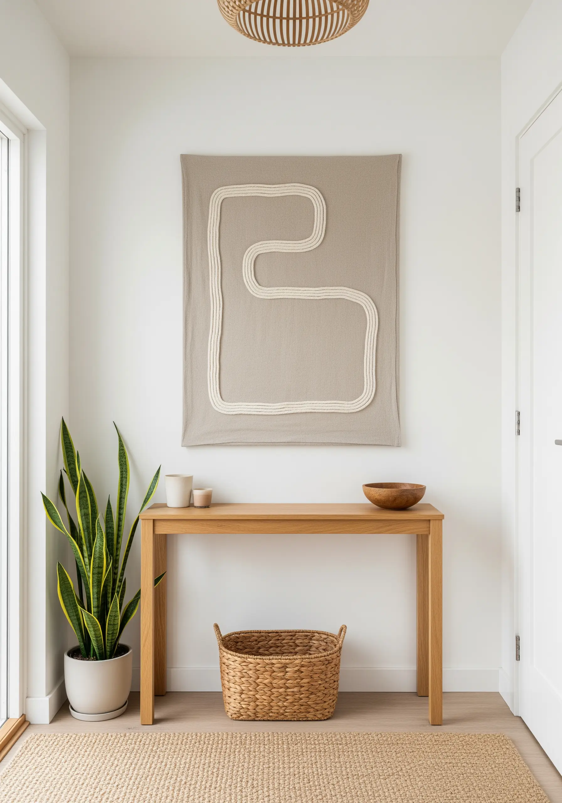 A large, neutral linen wall hanging with a single, thick, couched cord forming an abstract shape.