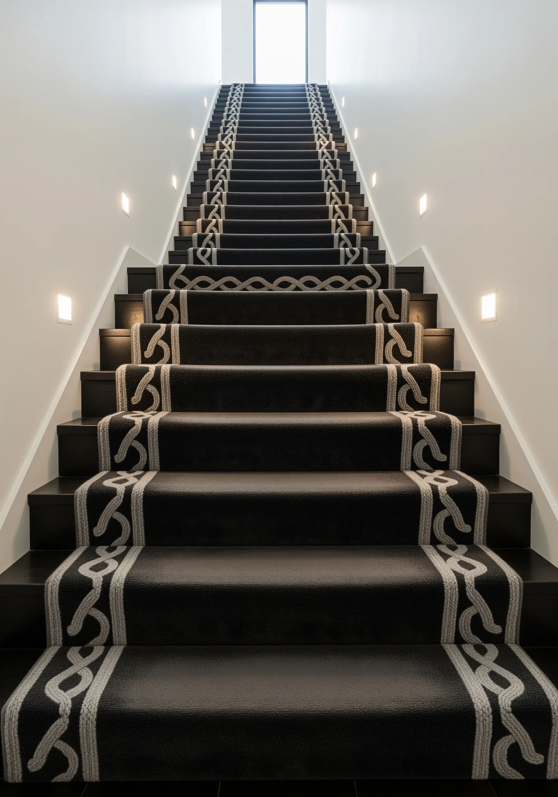 A black staircase runner with a bold, interlocking Celtic knot pattern embroidered in white.