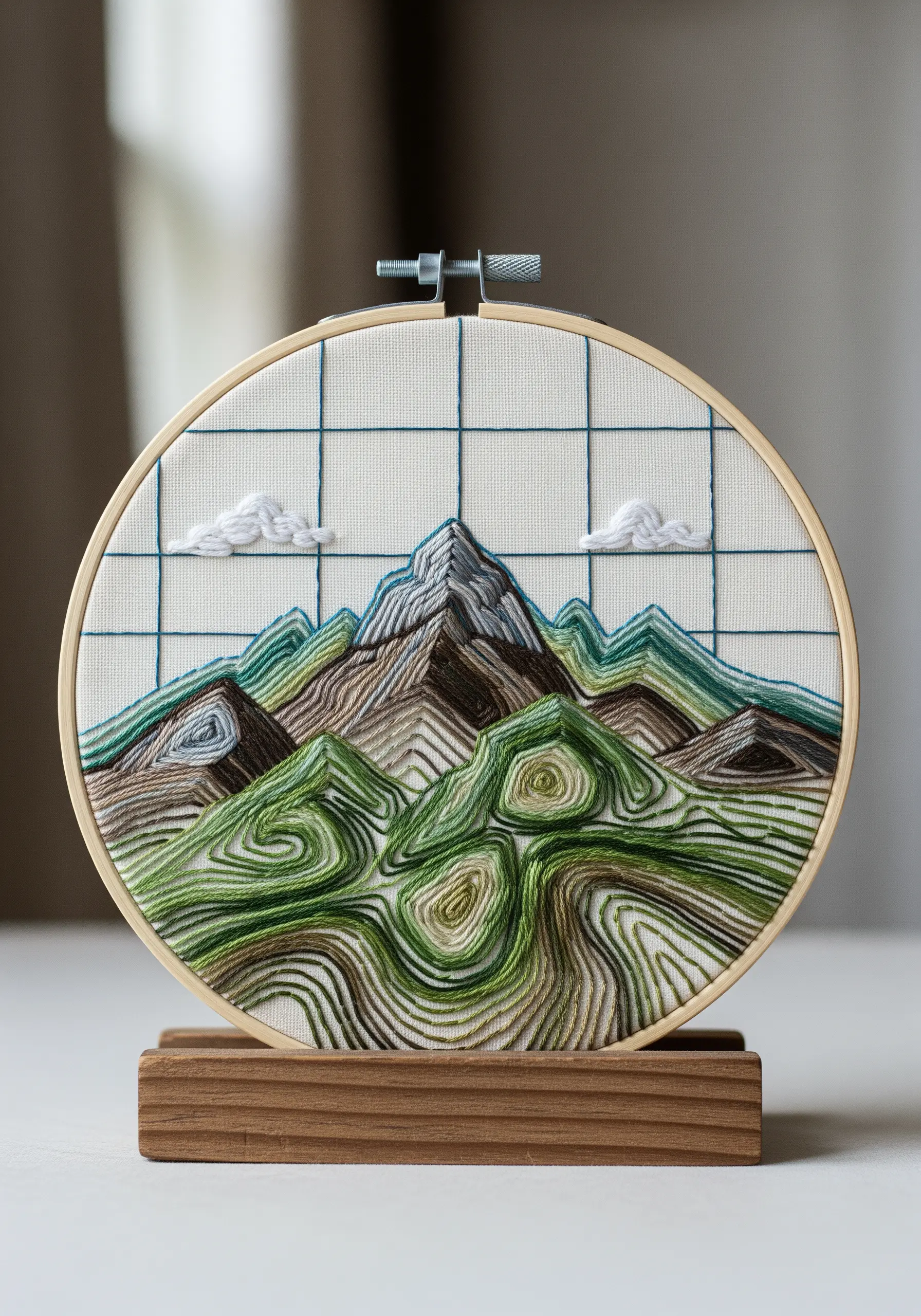 A mountain landscape created with densely layered, contoured lines of thread in earth tones.