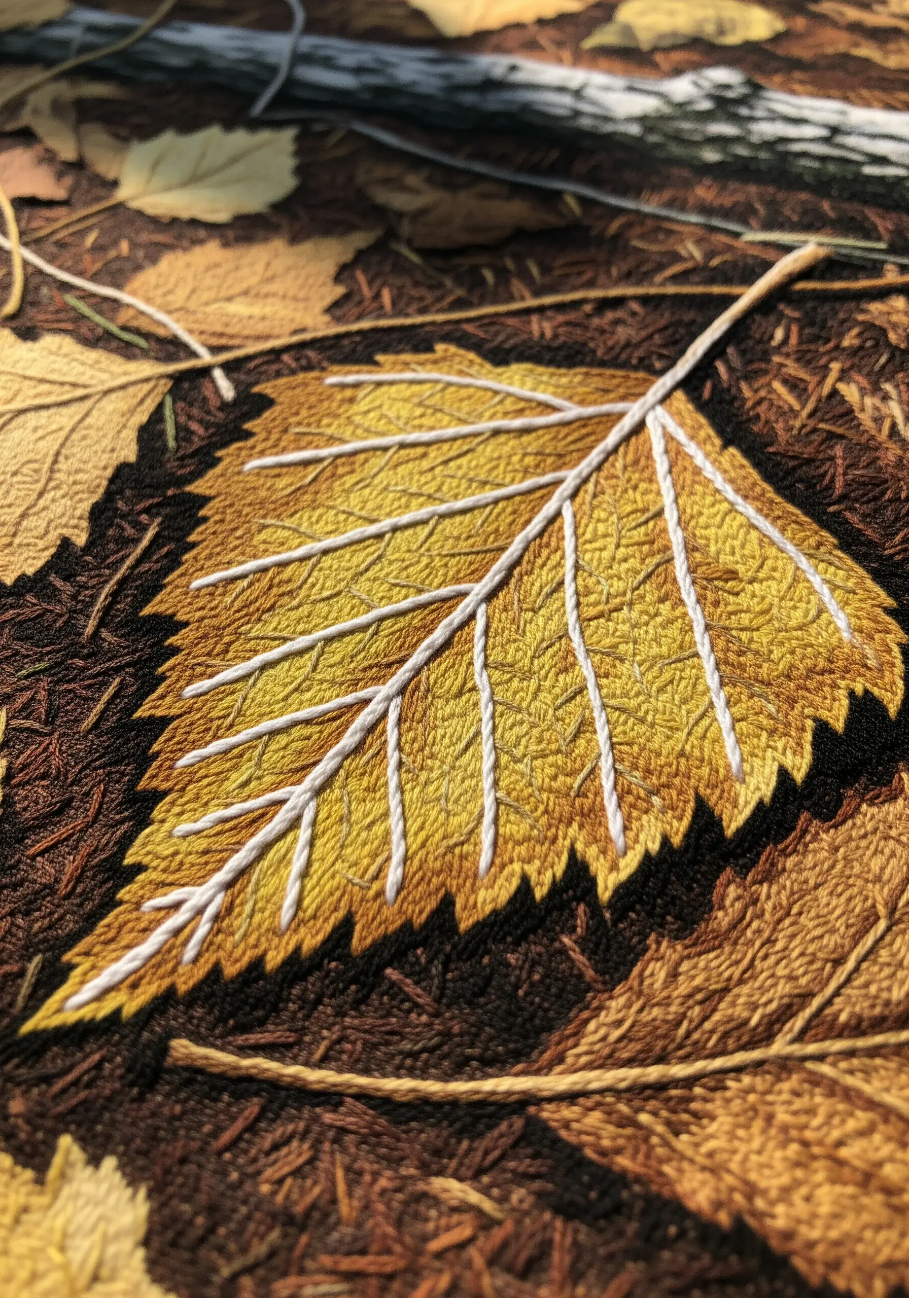 A thread-painted yellow leaf with thick, white couched thread for veins.