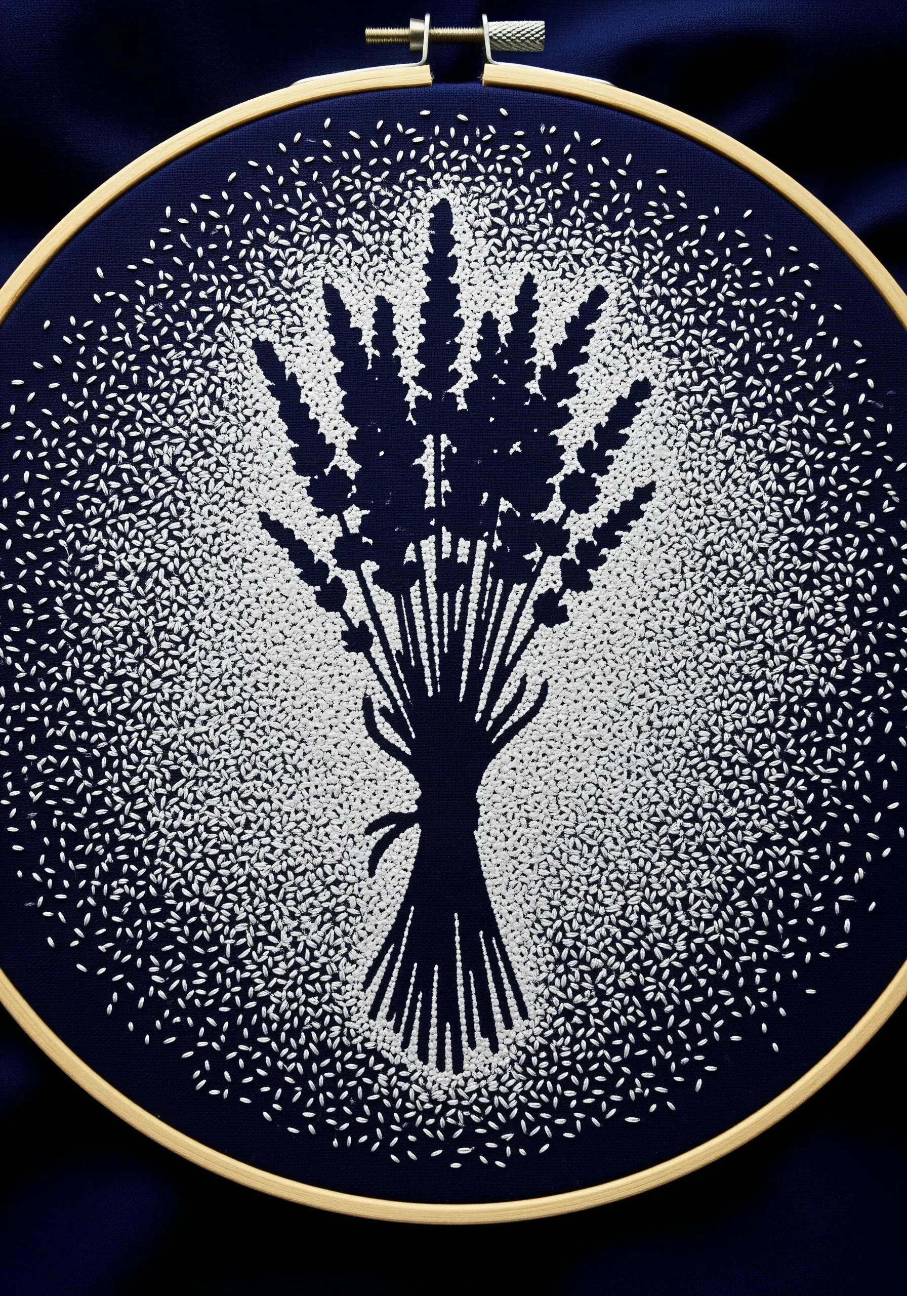 A dark blue silhouette of a lavender bouquet created by stitching the white background.