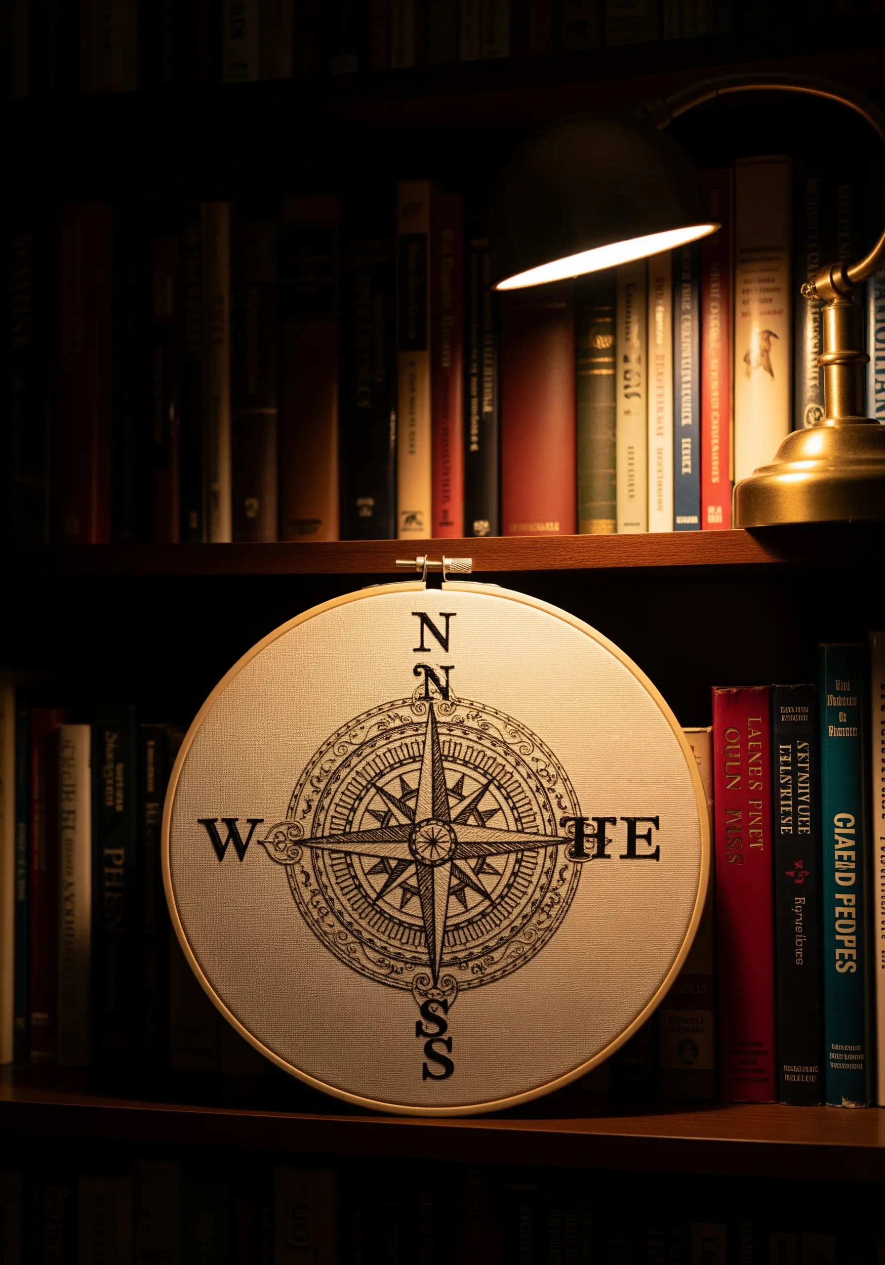 An intricate blackwork embroidery of a vintage compass rose on light linen fabric.