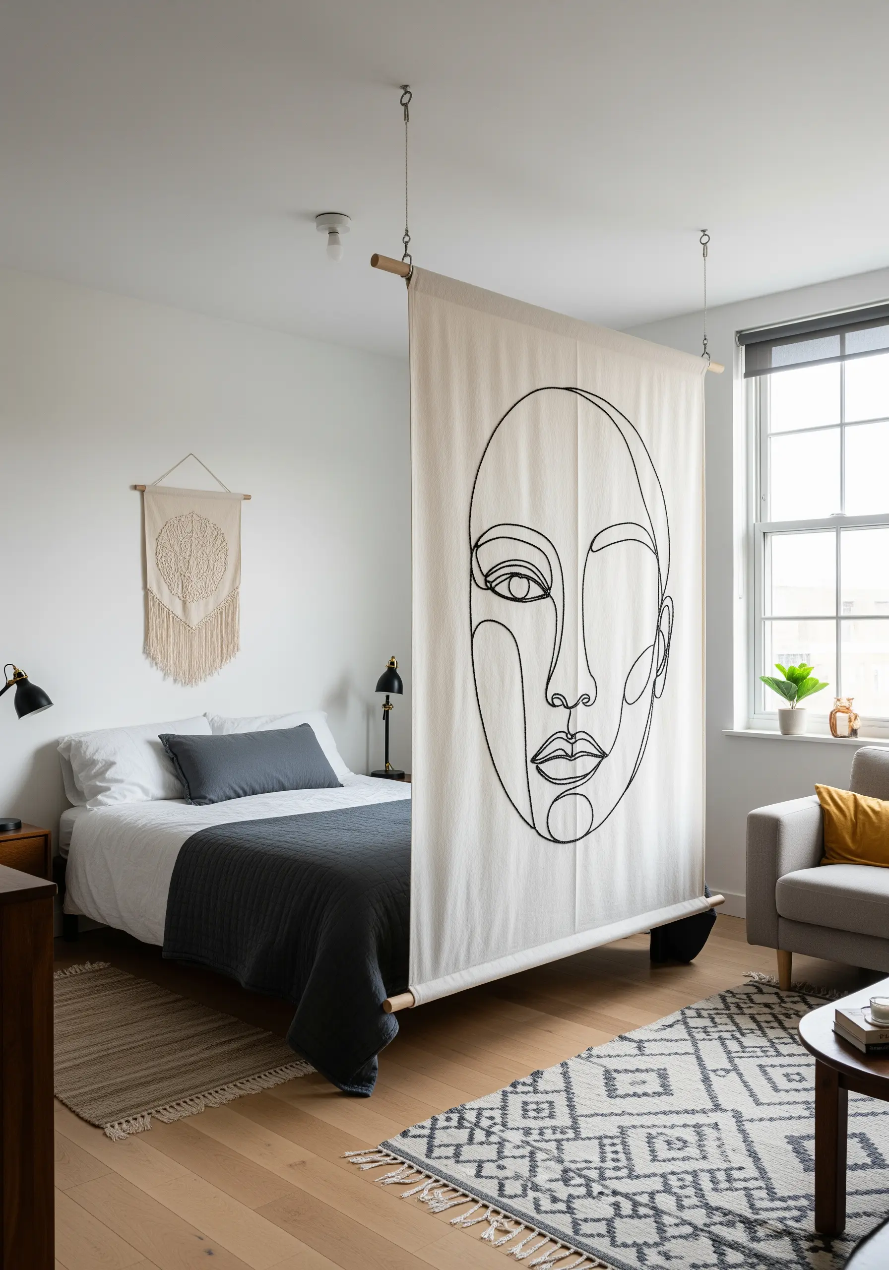 A large canvas room divider with a single-line embroidered face in black yarn.